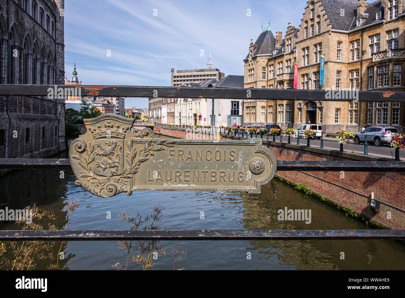 Historische Brücke, in der Mitte von Gent, Flandern, Belgien, EU. Stockfoto