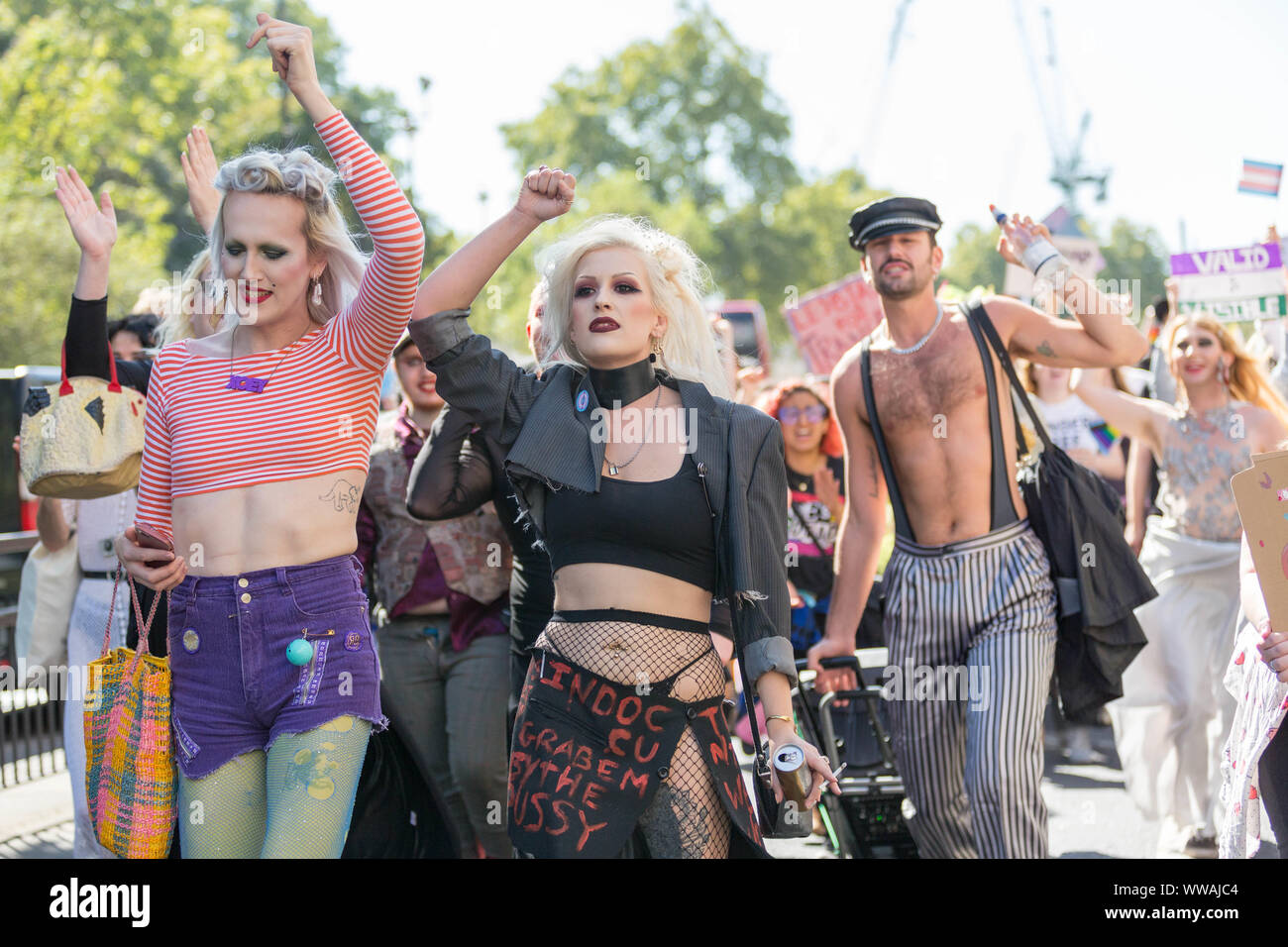 London, Großbritannien. September 2019. Transgender-Teilnehmer marschieren 2019 während der Trans Pride Parade durch das Zentrum Londons und feiern die Geschlechtervielfalt, Sichtbarkeit und Solidarität. Die Parade zeigt ausdrucksstarke Outfits, hochgezogene Fäuste und Plakate, auf denen Gleichheit, Zugang zur Gesundheitsversorgung und Anerkennung gefordert wird. Die urbane Umgebung mit Bäumen und einem Riesenrad in der Ferne bildet eine lebhafte Szene des Stolzes und Protests der Bürger. Die Veranstaltung hebt die Widerstandsfähigkeit und die Freude der Trans-Community im Vereinigten Königreich hervor. Penelope Barritt/Alamy Live News Stockfoto