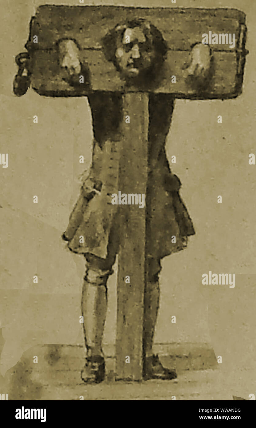 Strafen & INSTRUMENTE DER FOLTER AUS DER VERGANGENHEIT - ein Mann, der in einem Pranger. Diese Form der Demütigung war reserviert für Häftlinge, die in der Regel nicht haftbar zu Ausführung (z.b. Schuldnern) und würde sehen, wie sie der Öffentlichkeit auf einem Markt oder einem anderen öffentlichen Ort ausgesetzt und könnte für die Bestrafung von Birch, rohrstock oder Peitsche oder für das Abschneiden der Haare oder ein Körperteil (z.b. Ohr |) verwendet werden. Stockfoto