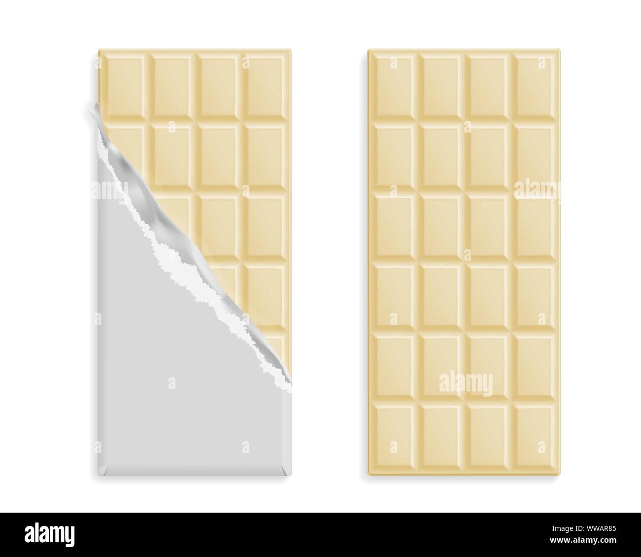 Weiße Schokolade bars in Wrapper mock up Set, leeres Paket mit Platz für Text auf weißem Hintergrund. Vector Illustration Stock Vektor