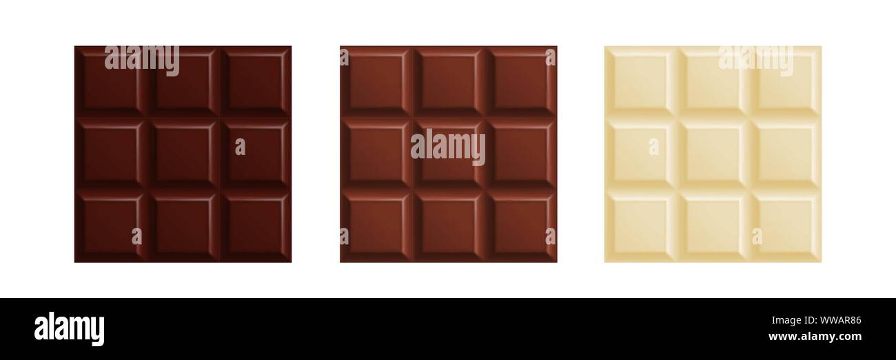 Milch, dunkle und weiße Schokolade bars Mock up auf weißem Hintergrund isoliert. Vector Illustration Stock Vektor