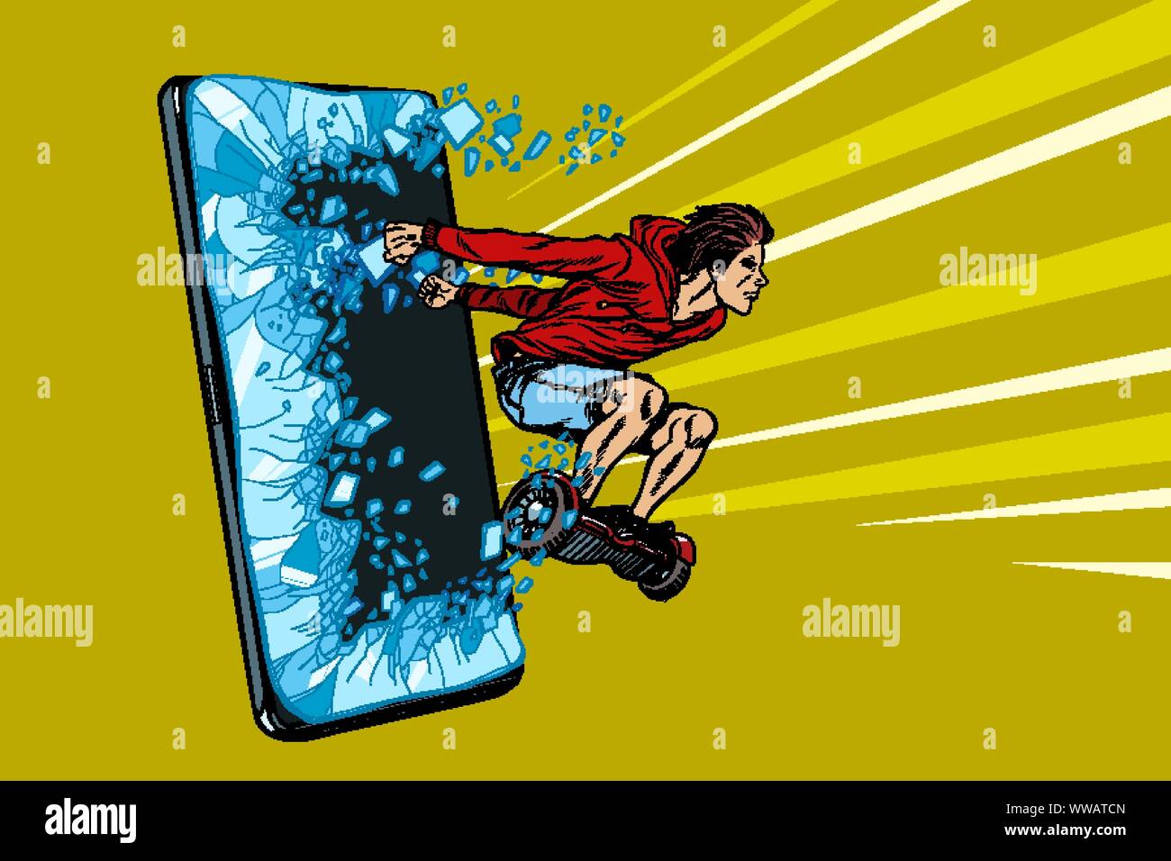 Jugend smartphone. ein junger Mann reitet ein gyroskop. Pop Art retro Vektor illustration Zeichnung Stock Vektor