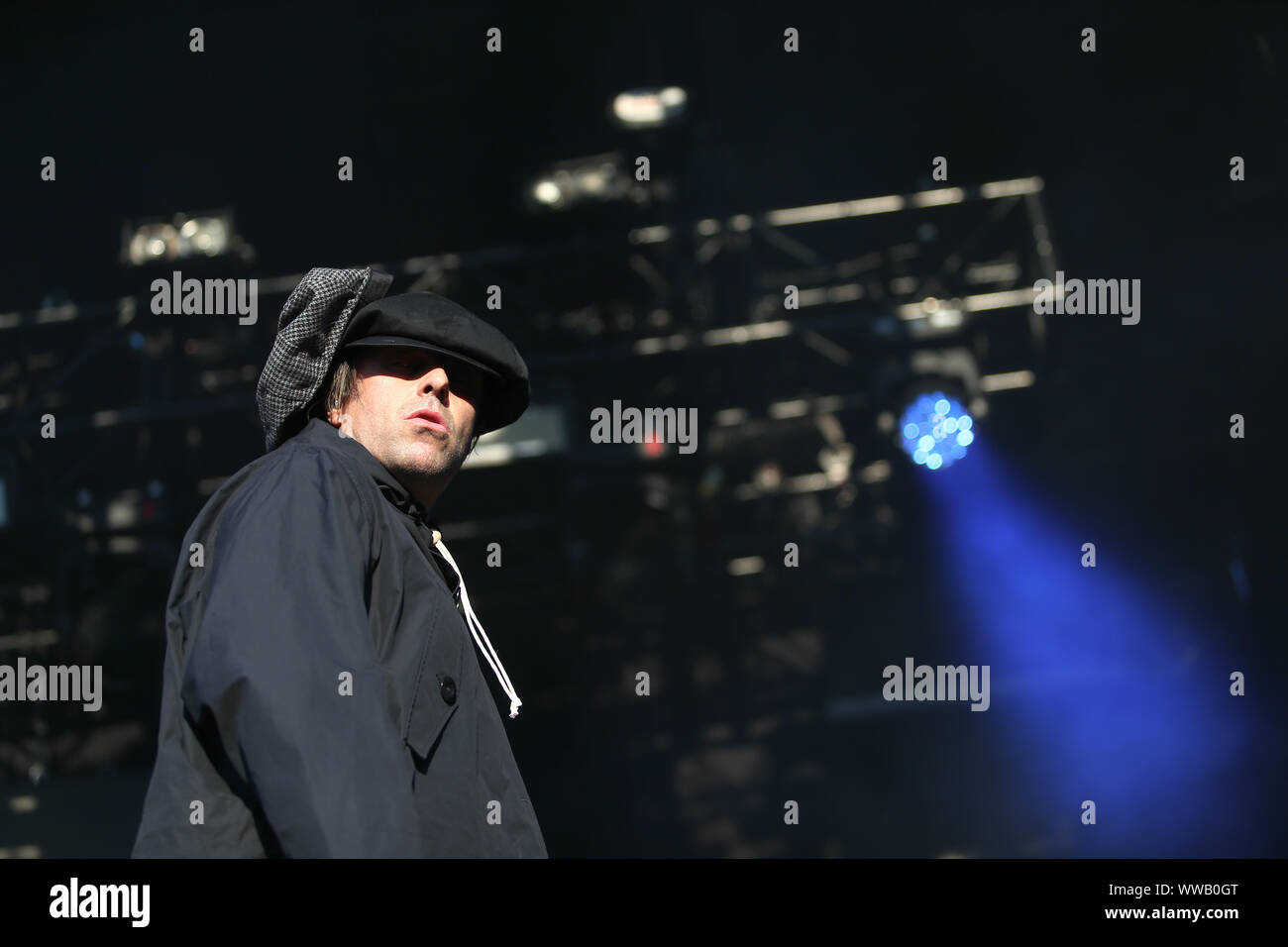 Rock Sänger Liam Gallagher auf der Bühne in Birmingham, 2019 Stockfoto