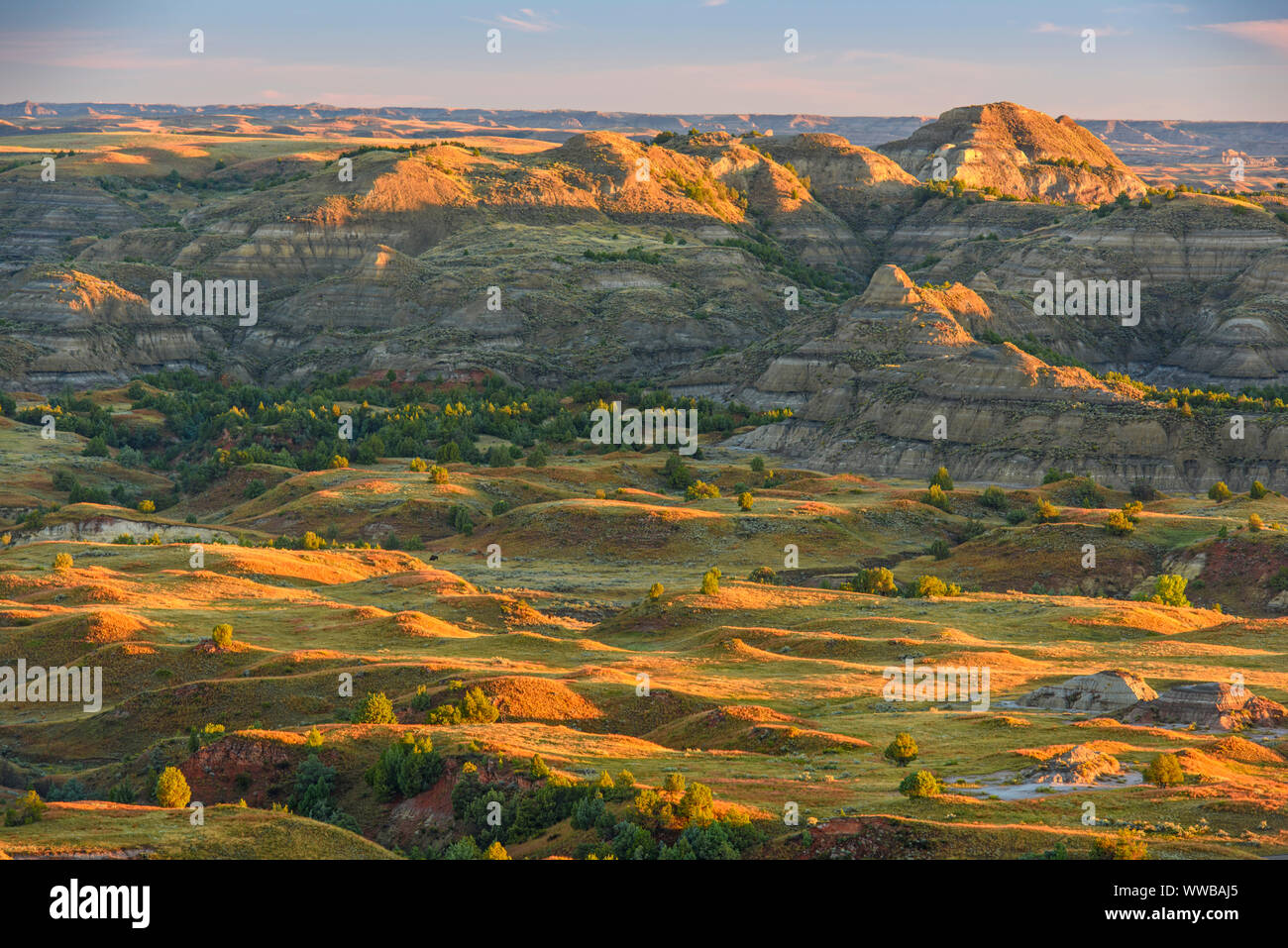 Die Badlands im Spätsommer, von Buck Hill, Theodore Roosevelt National Park (Südafrika), North Dakota, USA Stockfoto