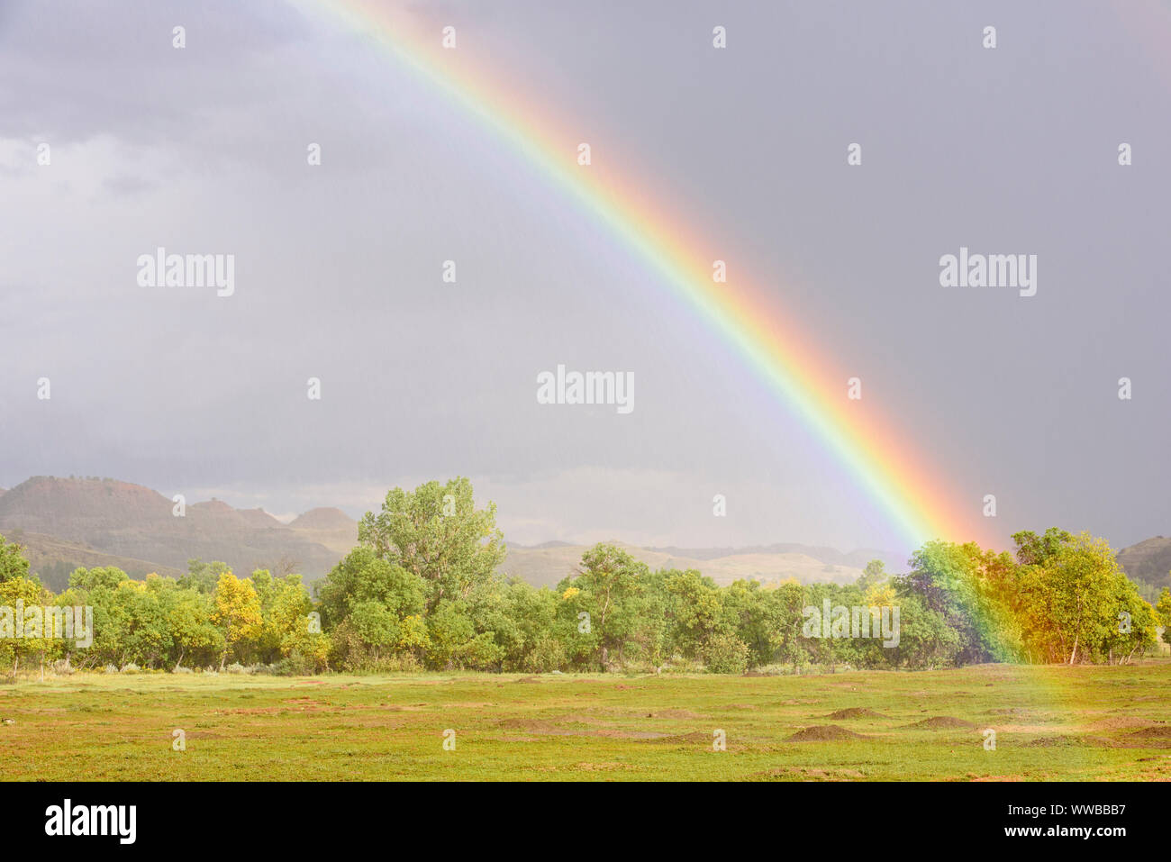 Schwinden die Gewitterwolken und ein Regenbogen über einer Wiese hund Kolonie, Theodore Roosevelt National Park (Südafrika), North Dakota, USA Stockfoto