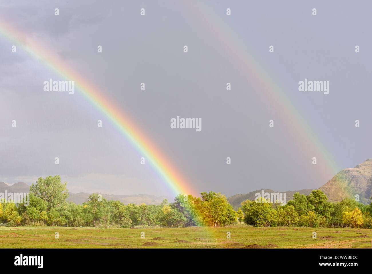 Schwinden die Gewitterwolken und ein Regenbogen über einer Wiese hund Kolonie, Theodore Roosevelt National Park (Südafrika), North Dakota, USA Stockfoto