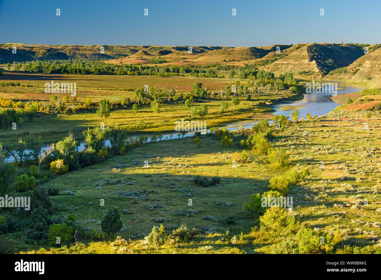 Little Missouri River Valley im Spätsommer, Theodore Roosevelt National Park (Südafrika), North Dakota, USA Stockfoto