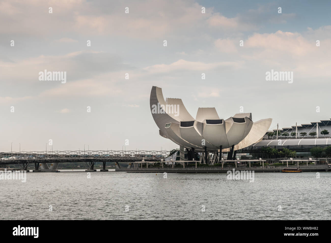 Singapur - März 20, 2019: ArtScience Museum ist ein weißer Stein öffnen Shell oder Lotus zwischen dem hellblauen Himmel und dunklen Wasser des Marina. Stockfoto