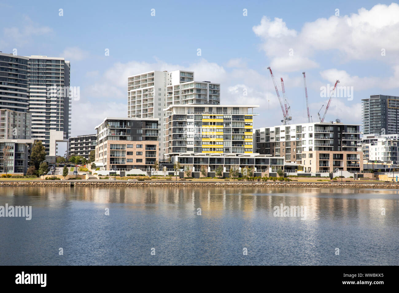 Rhodes, Sydney, Sydney Vorort von Rhodos, Entwicklung von neuen Wohngebiet mit hoher, Wohnhäuser und Wohnungen, Western Sydney, Australien Stockfoto