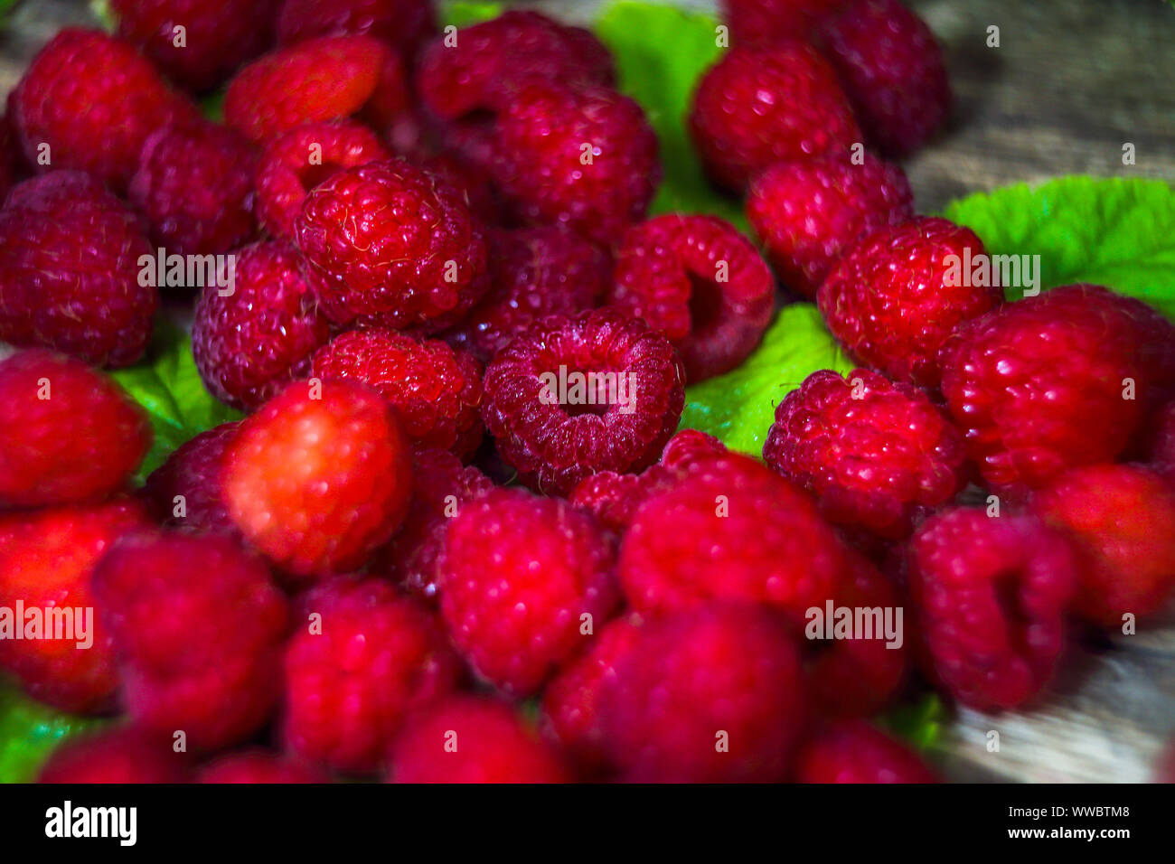 Frische Himbeeren Hintergrund Nahaufnahme. Frische Himbeeren auf einer rustikalen Holztisch. Selektive konzentrieren. Ansicht von oben. Stockfoto