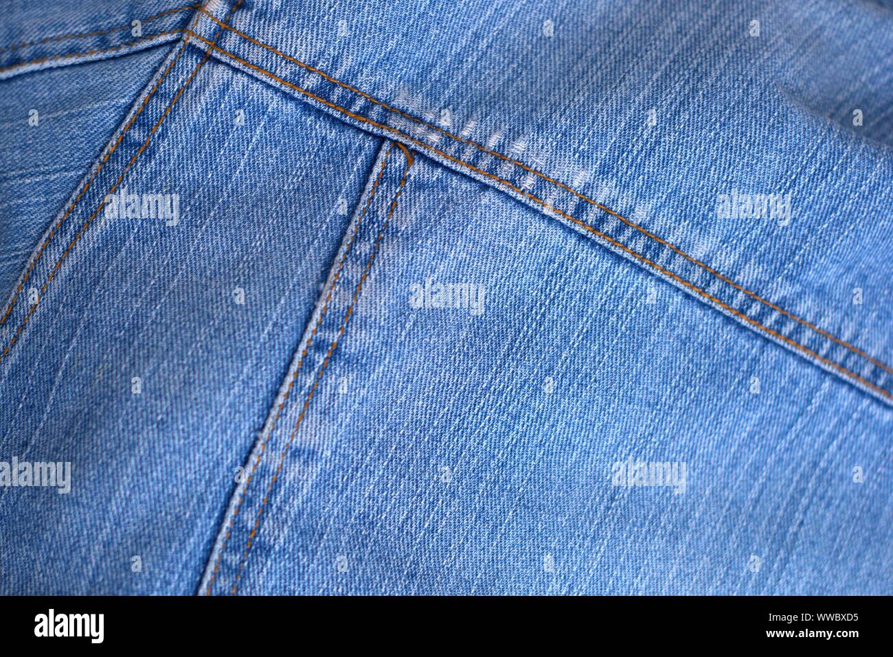 Blau getragen denim Textur Detail Nahaufnahme. Stockfoto