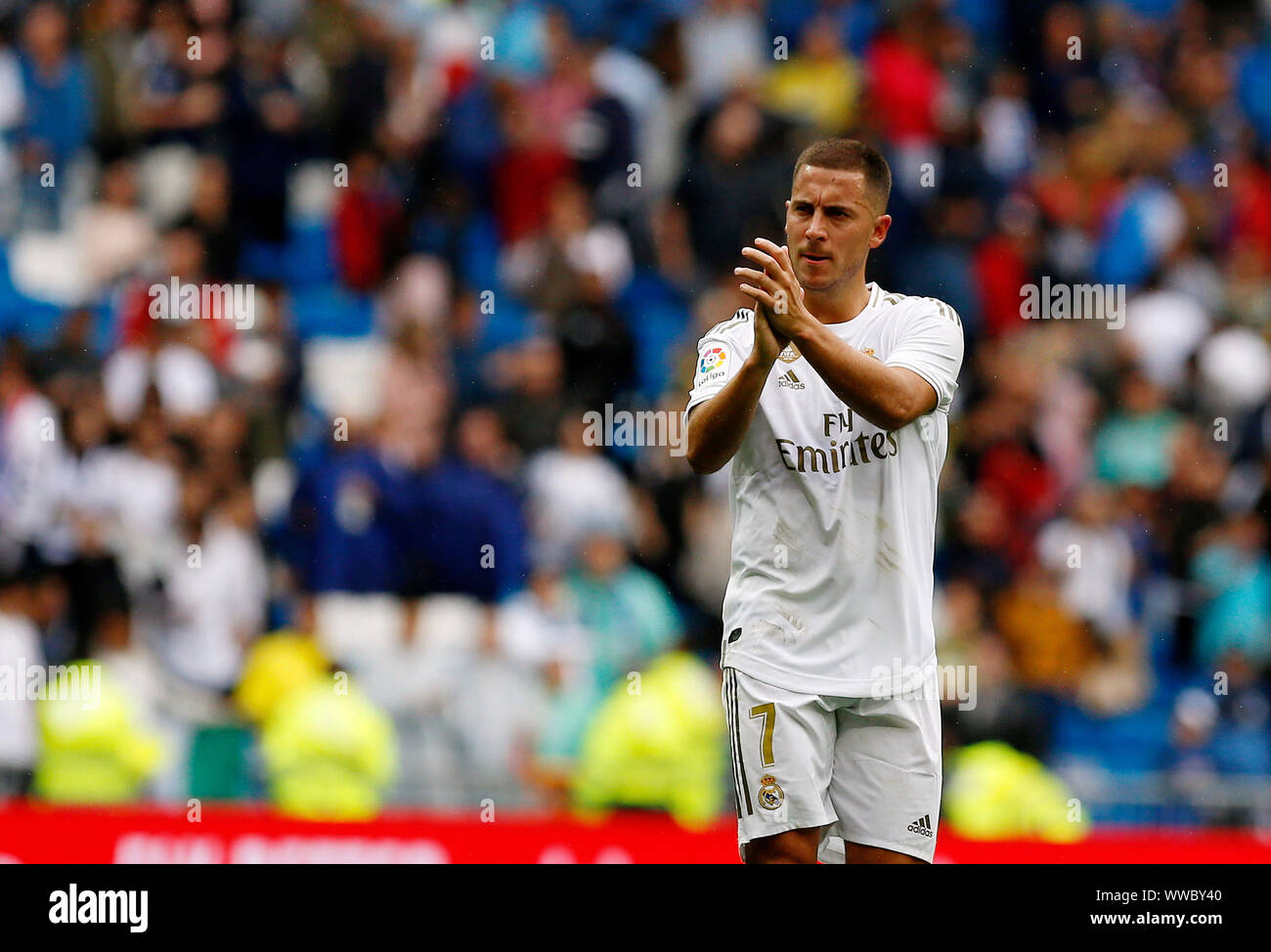 Madrid, Spanien. 14 Sep, 2019. Real Madrid CF Eden Hazard reagiert während der spanischen La Liga Match Runde 4 zwischen Real Madrid und UD Levante im Santiago Bernabeu in Madrid (Endstand; Real Madrid 3:2 UD Levante) Credit: SOPA Images Limited/Alamy leben Nachrichten Stockfoto