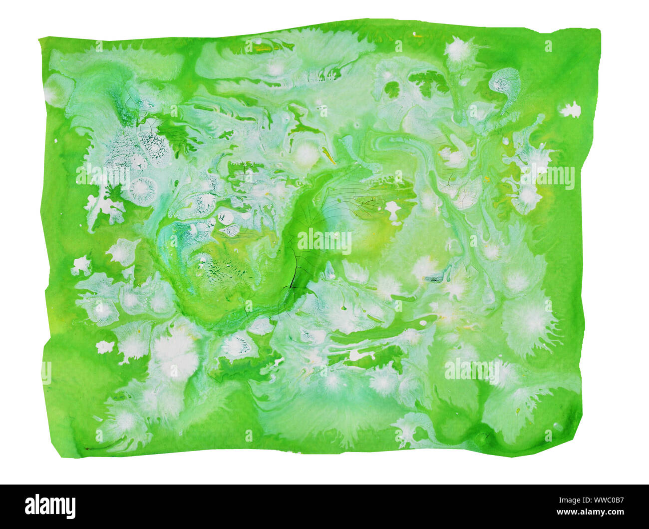 Gelbe und weiße Flecken auf grüne Oberfläche, Zusammenfassung Hintergrund und Illustration aus Acryl Malerei auf weißem Hintergrund Stockfoto