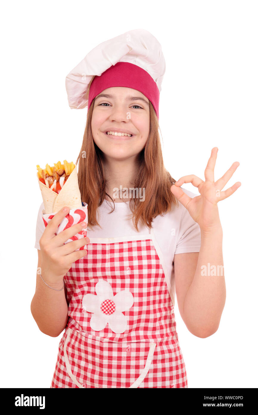 Happy girl Kochen mit Gyros fast food und ok Handzeichen Stockfoto