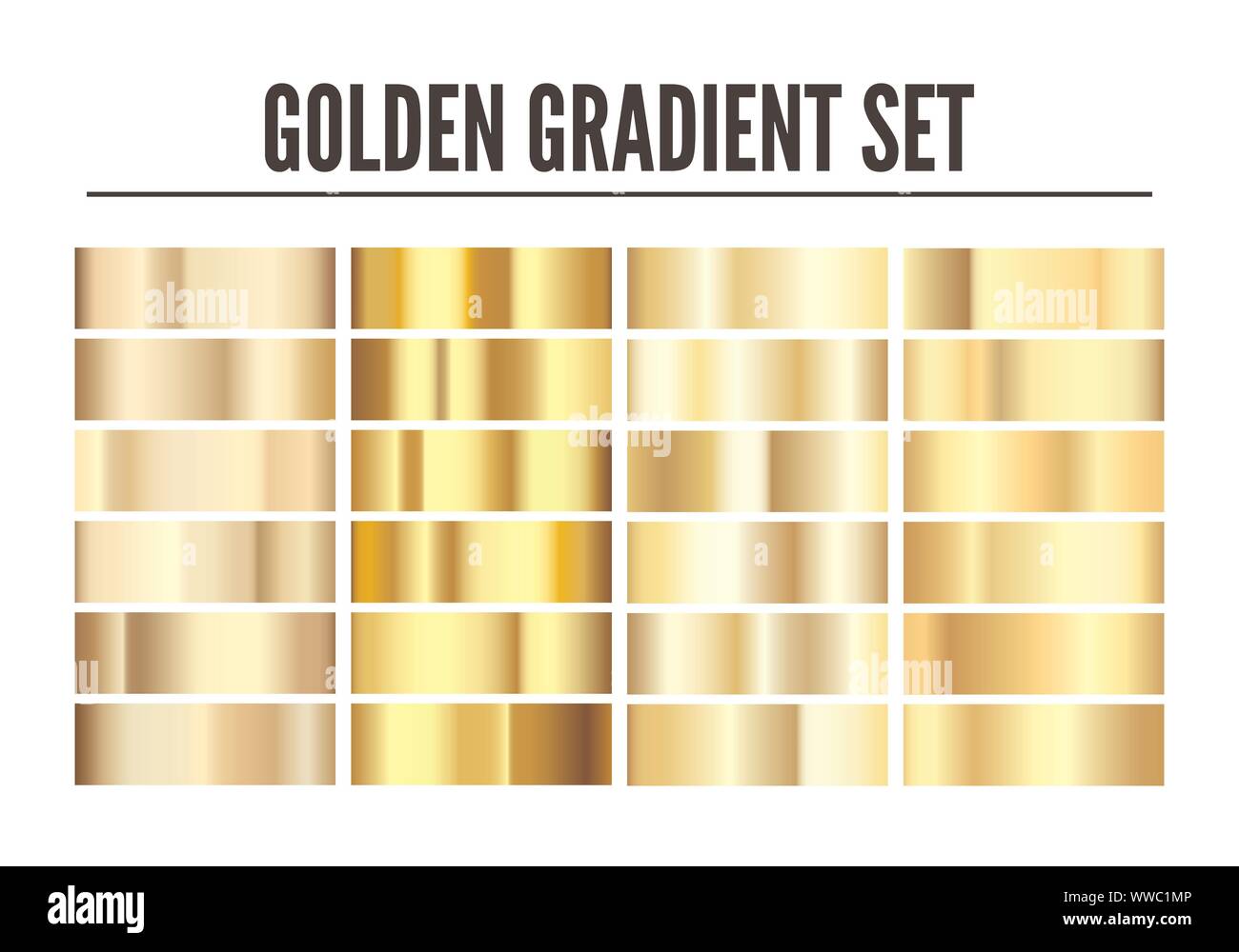 Golden Gradient eingestellt. Element der glänzenden gold Textur. Realistische goldene Folie. Vector Illustration auf weißem Hintergrund Stock Vektor