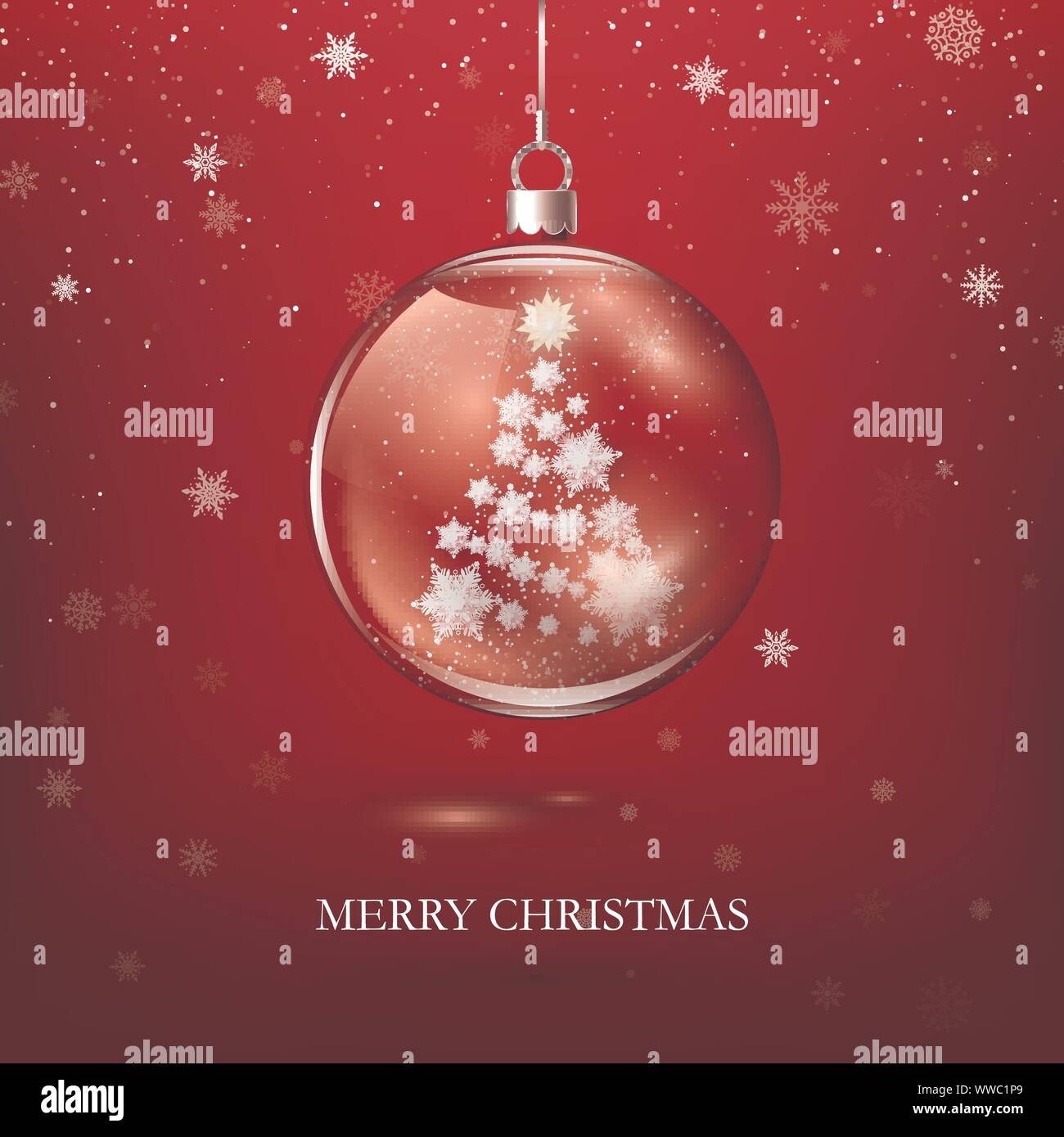 Transparent Glänzend Weihnachten Dekoration. Weihnachtsbaum Silhouette aus Papier Schneeflocken in Glas Kugel. Neues Jahr Grußkarte Design. Vektor i Stock Vektor