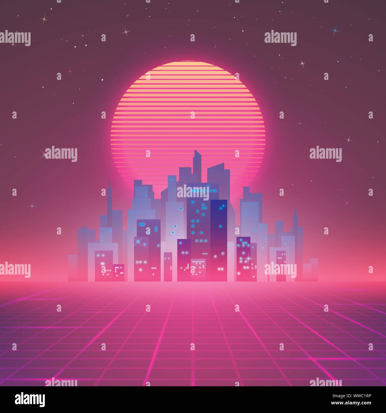 Nacht die Skyline der Stadt. 80s Retro Sci-Fi Hintergrund. Futuristisches Design im 80er Jahre Stil. Vector Illustration Stock Vektor
