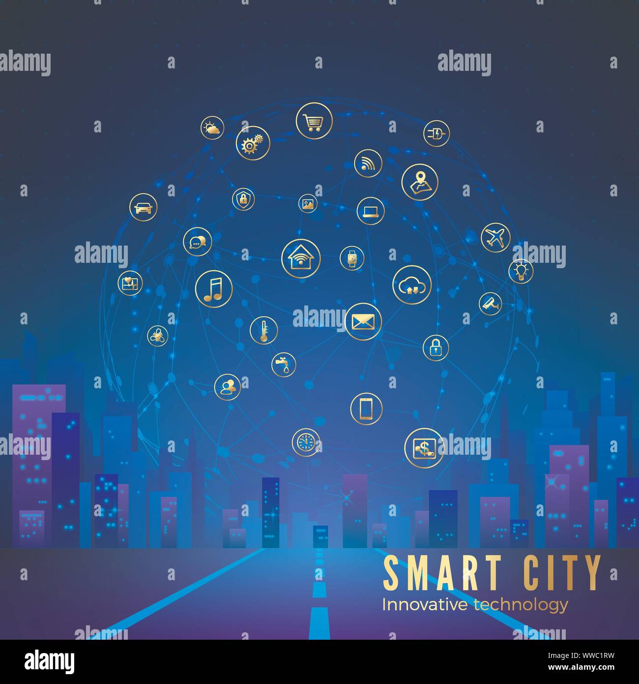 Silhouette der futuristischen Stadt auf dem Hintergrund der großen Wolke mit smart city Symbole. Internet der Dinge Konzept. Vector Illustration Stock Vektor