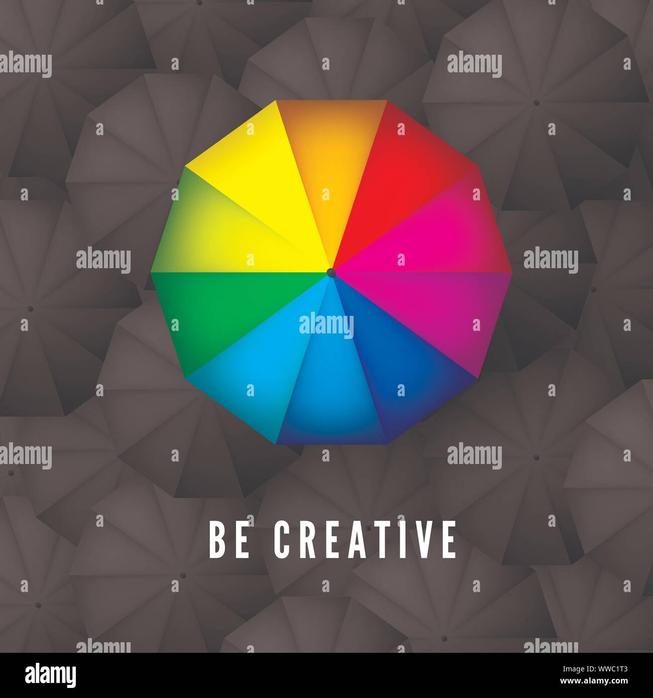 Kreativ sein und verschiedene Business Konzept denken. Rainbow Color Dach auf dem Hintergrund der schwarzen Sonnenschirmen. Vector Illustration Stock Vektor