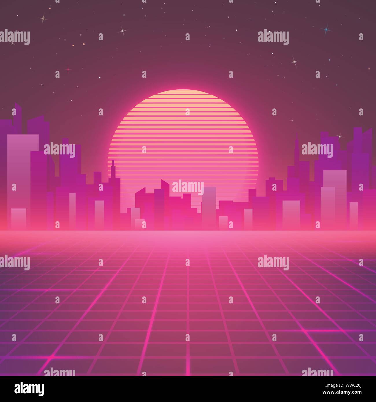 Silhouetted Nacht City Skyline. 80s Retro Sci-Fi Hintergrund. Futuristisches Design im 80er Jahre Stil. Vector Illustration Stock Vektor