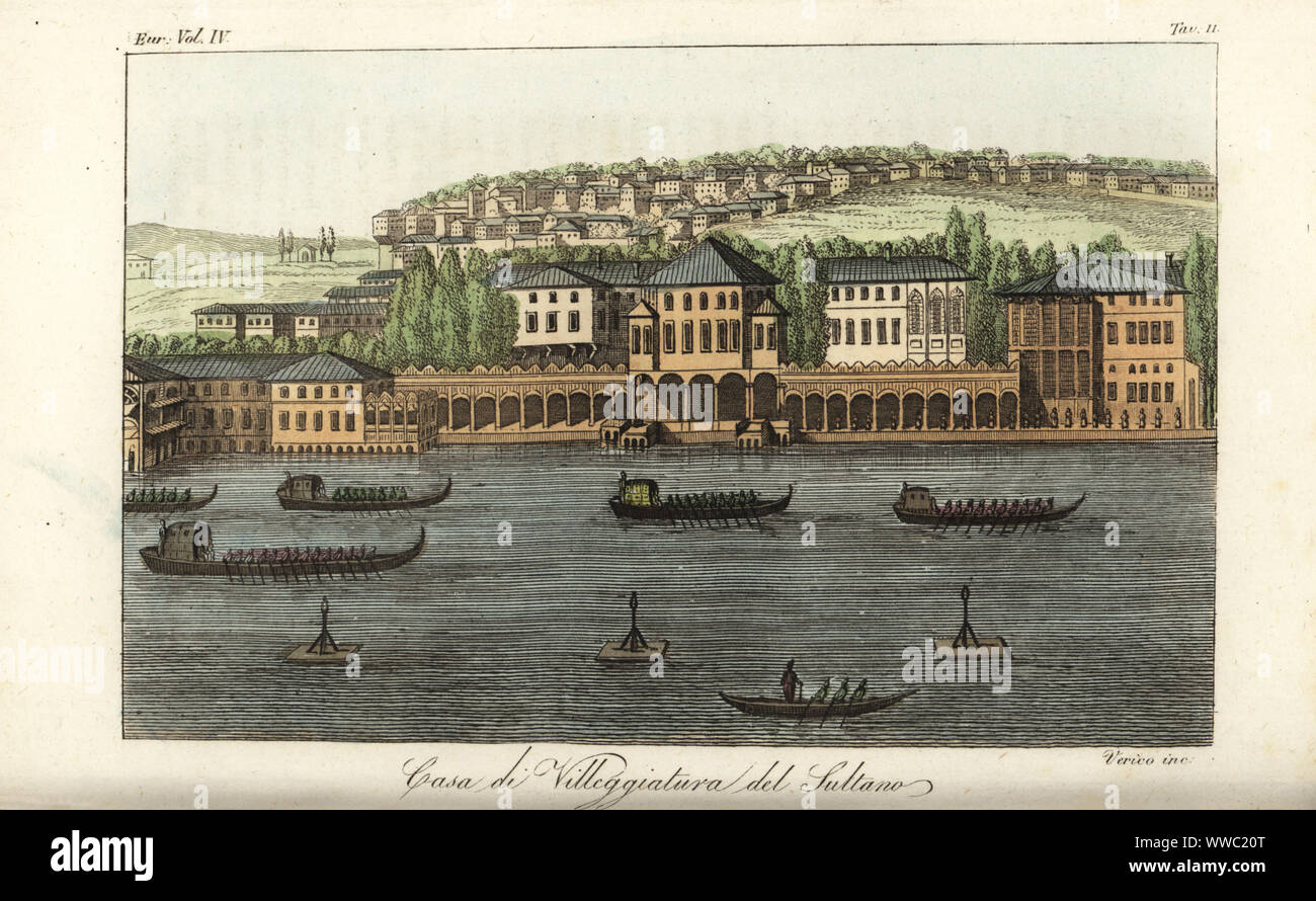 Ansicht der Besiktas Sahil Palace, Ferienhäuser Palast des Sultans auf der europäischen Seite des Bosporus, Istanbul, 1800. Den Sultan und seinen Harem entourage Segel in schuten durch Eunuchen auf dem Fluss geschützt. Casa di Villeggiatura del Sultano. Papierkörbe Kupferstich von Verico nach Giulio Ferrario in seine Kostüme Antike und Moderne der Völker der Welt, Il Kostüm Antico e Moderne o Geschichte, Florenz, 1842. Stockfoto