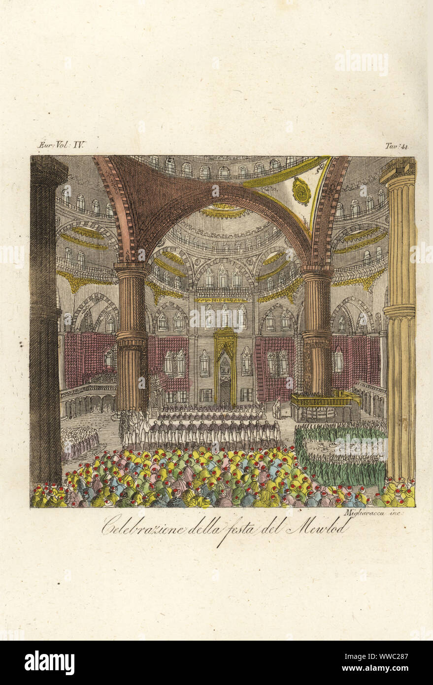 Feier des Festival des Mawlid im Sultan Ahmed Moschee, Istanbul, in Anwesenheit des Sultans. Mawlid al-Nabi al-Sharif oder der Geburt des Propheten. Celabrazione della Festa del Mewlod. Papierkörbe Kupferstich von migliavacca nach Giulio Ferrario in seine Kostüme Antike und Moderne der Völker der Welt, Il Kostüm Antico e Moderne o Geschichte, Florenz, 1842. Von Ignatius Mouradgea d'Ohsson des Tableau de l'Empire Othoman, Paris, 1790 kopiert. Stockfoto