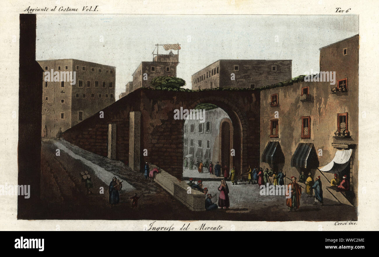 Eingang zum Basar, besestein oder Markt von Jerusalem, Israel, 1800. Ingresso del Mercato. Papierkörbe Kupferstich von Corsi nach Giulio Ferrario in seine Kostüme Antike und Moderne der Völker der Welt, Il Kostüm Antico e Moderne o Geschichte, Florenz, 1833. Von Luigi Mayers Blick in Ägypten, Palästina und in anderen Teilen des Osmanischen Reiches, 1804 kopiert. Stockfoto