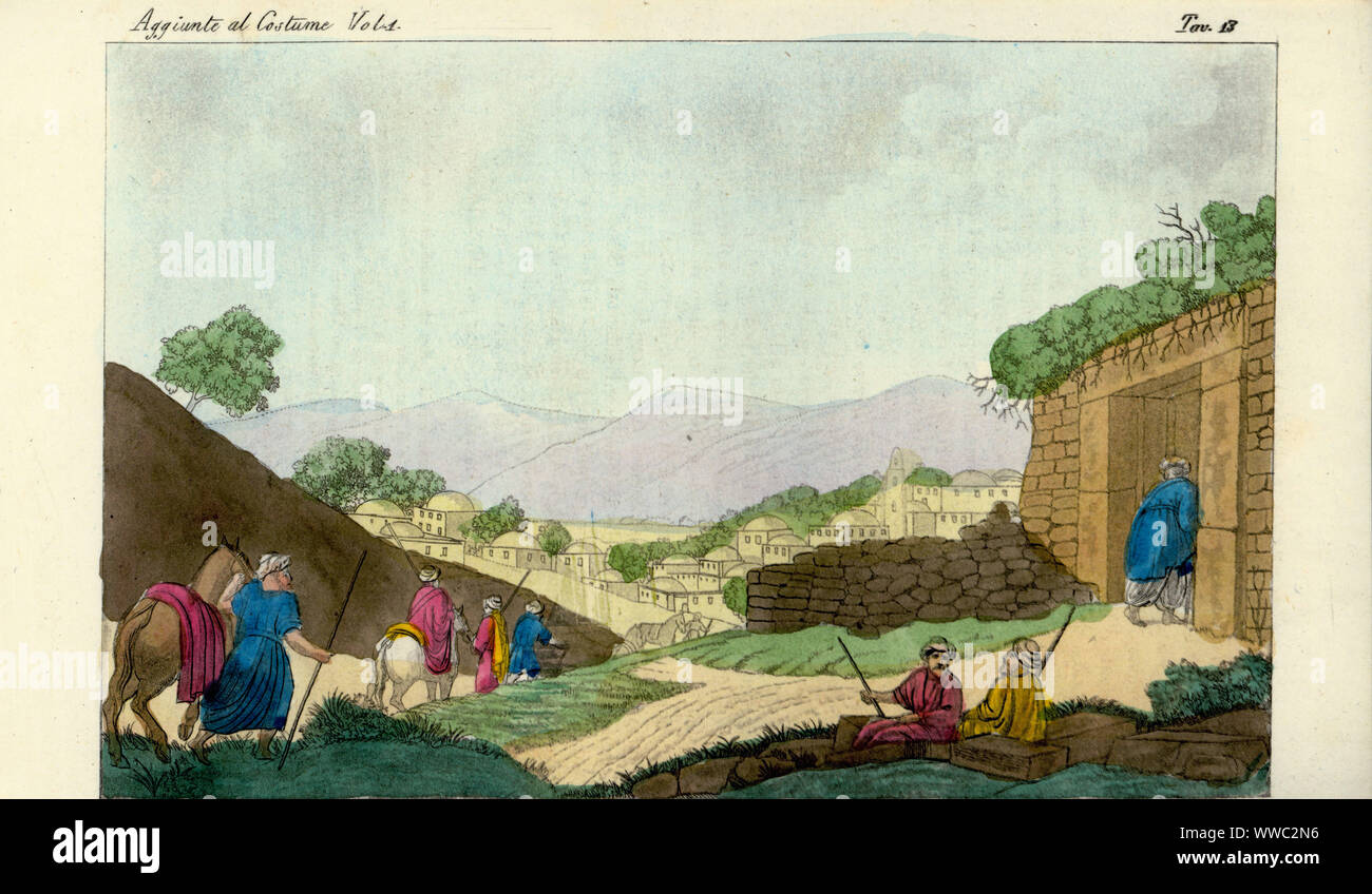 Eingang zum Grab des Lazarus, von Bethanien, in der Nähe von Bethlehem, 1800. Ingresso alla Tomba di Lazzaro. Papierkörbe Kupferstich von Corsi nach Giulio Ferrario in seine Kostüme Antike und Moderne der Völker der Welt, Il Kostüm Antico e Moderno, Florenz, 1833. Von Luigi Mayers Blick in Ägypten, Palästina und in anderen Teilen des Osmanischen Reiches, 1804 kopiert. Stockfoto