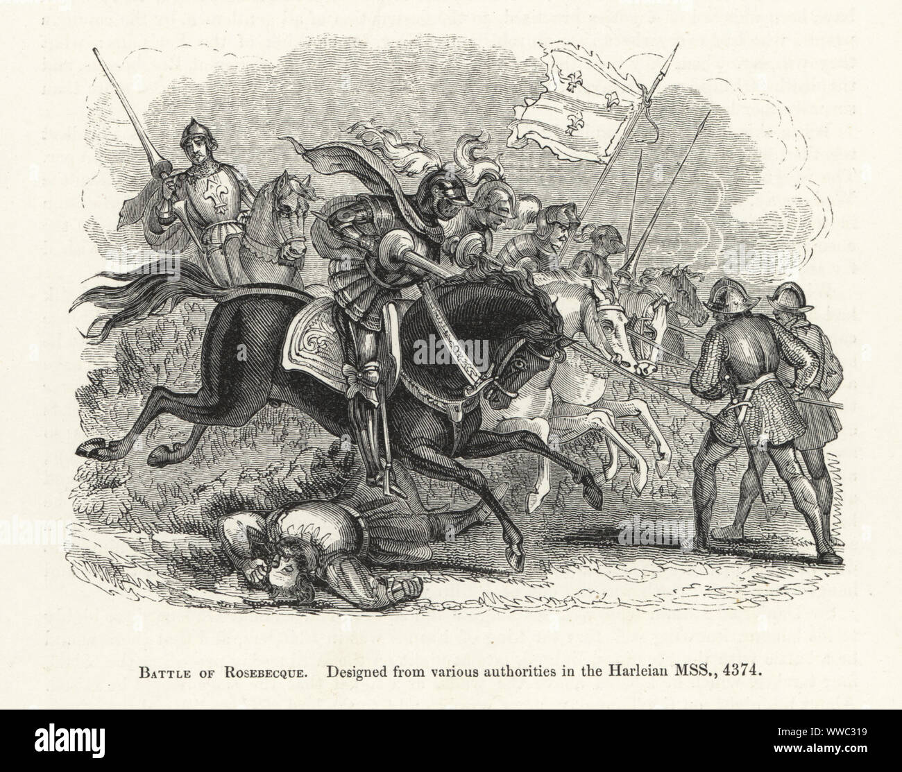 Der Kavallerie in der Schlacht bei Roosebeke Rosebecque oder, 1382, zwischen flämischen Armee der Philip Van Artevelde und der französischen Armee unter Louis II. von Flandern. Holzschnitt nach einem beleuchteten Harleian Manuskripts MSS 4374 von Sir John's Froissart Chroniken von England, Frankreich, Spanien und den angrenzenden Ländern, von der zweiten Hälfte der Regierungszeit von Edward II. an der Krönung von Heinrich IV., George Routledge, London, 1868. Stockfoto
