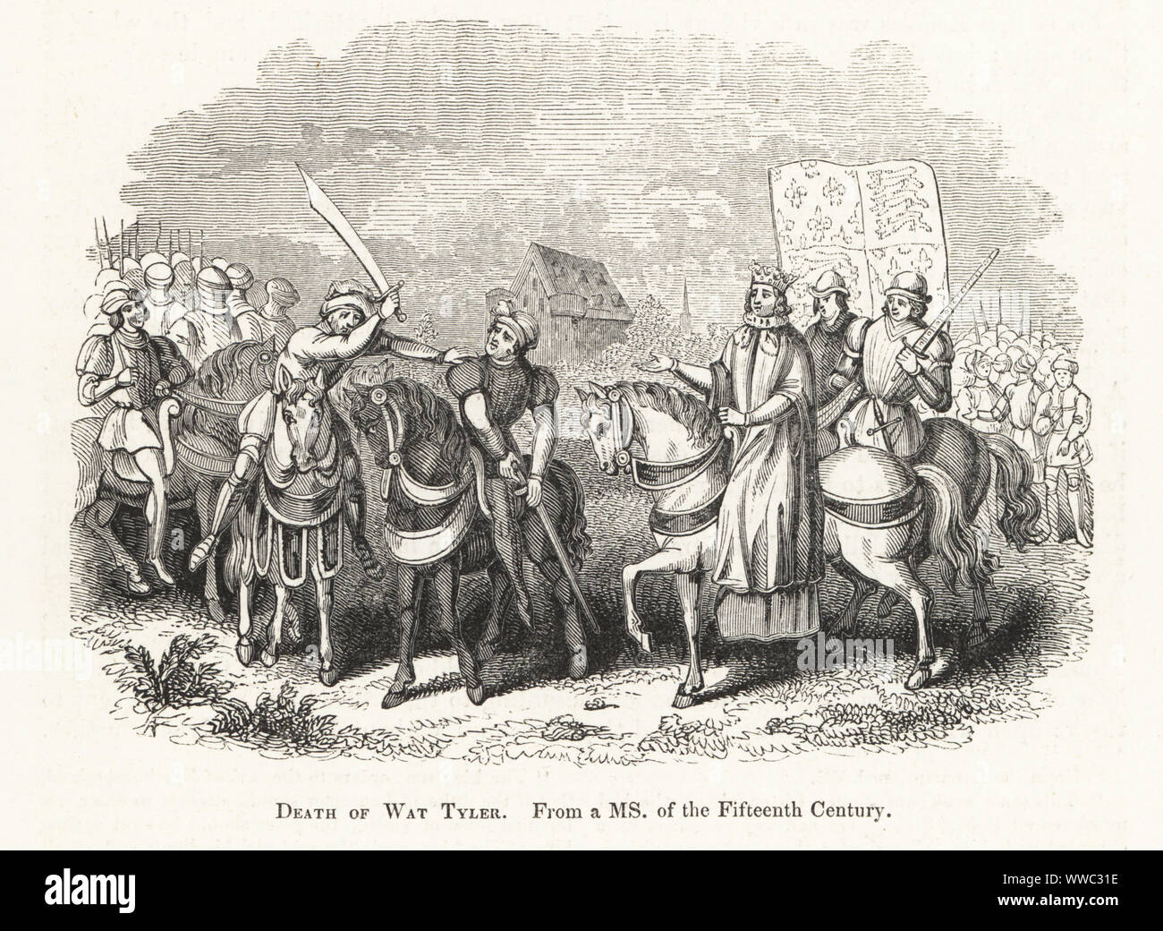 Wat Tyler, der Anführer der Bauern revoltieren, durch Walworth, Bürgermeister von London ermordet, während Verhandlungen mit König Richard II. in Smithfield, London, 1381. Holzschnitt nach einem beleuchteten Manuskript von Sir John's Froissart Chroniken von England, Frankreich, Spanien und den angrenzenden Ländern, von der zweiten Hälfte der Regierungszeit von Edward II. an der Krönung von Heinrich IV., George Routledge, London, 1868. Stockfoto