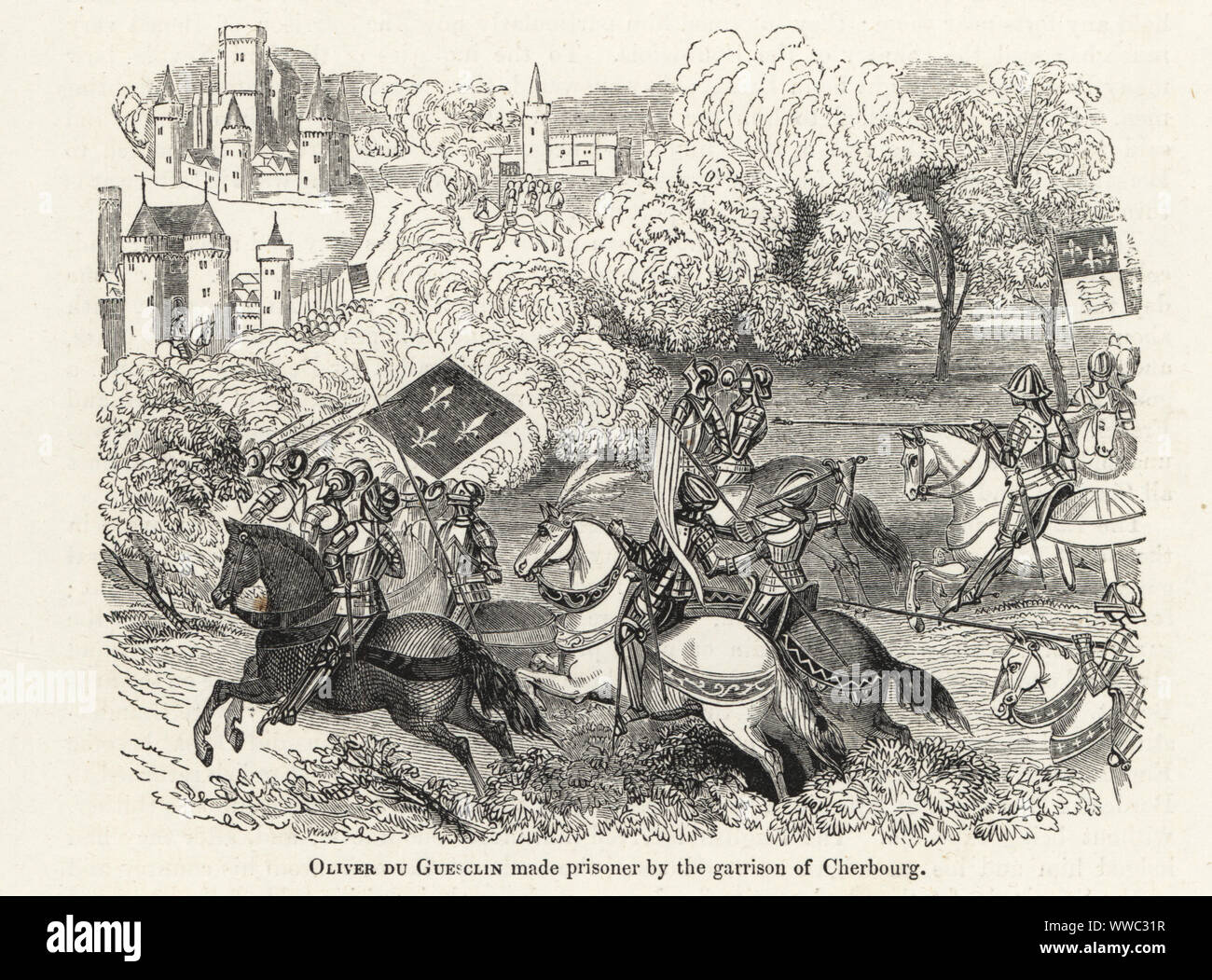 Sir Olivier du Guesclin, Gefangene von John Coq und die Garnison von Cherbourg. Er wurde für 10 000 Franken freigekauft. Holzschnitt nach einem beleuchteten Manuskript von Sir John's Froissart Chroniken von England, Frankreich, Spanien und den angrenzenden Ländern, von der zweiten Hälfte der Regierungszeit von Edward II. an der Krönung von Heinrich IV., George Routledge, London, 1868. Stockfoto