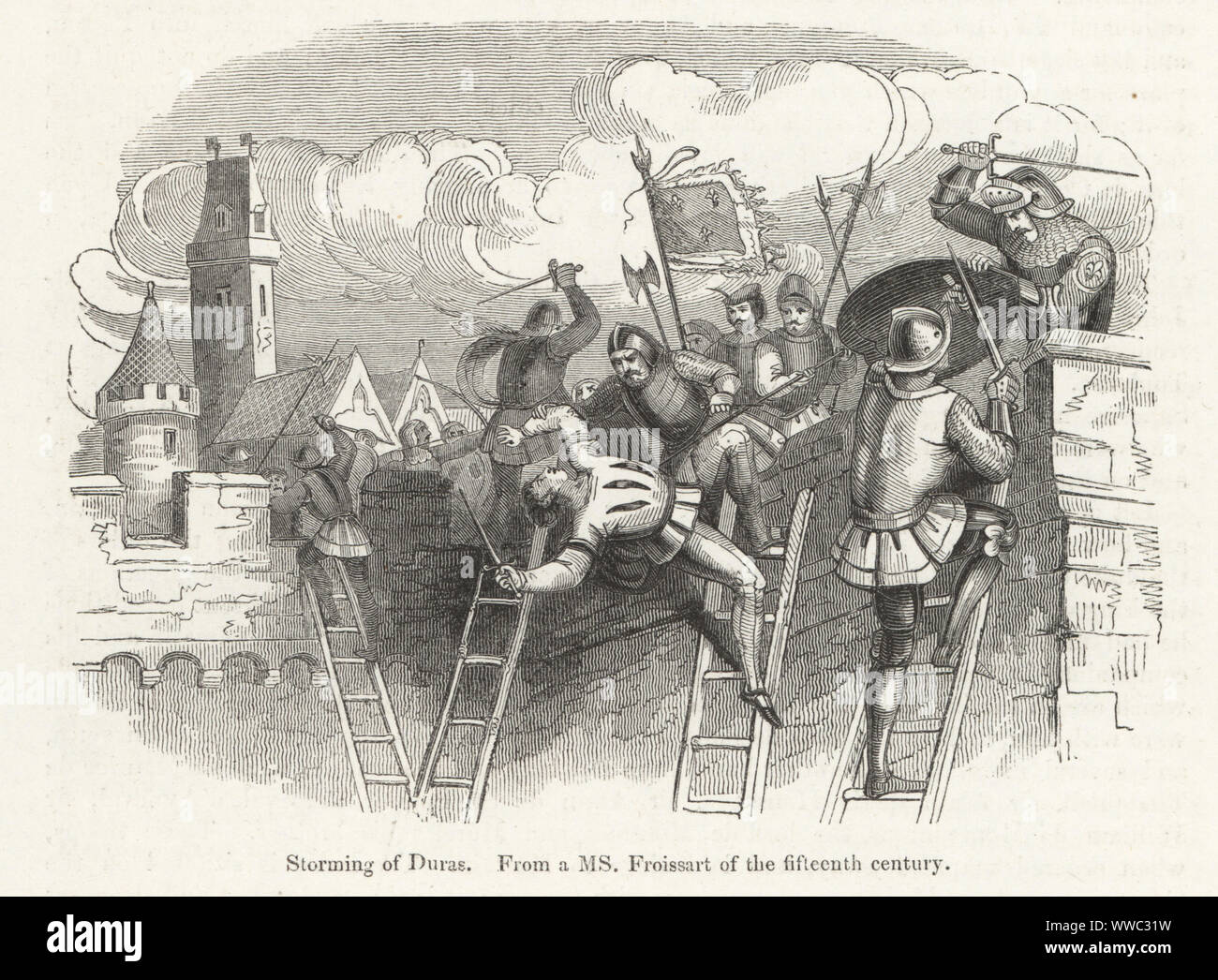 Storming von Duras in den 100 Jahren Kriege. Die Stadt wurde im Jahr 1377 aufgenommen, und die Burg belagert ergab sich Louis I., Herzog von Anjou, bald nach. Stockfoto