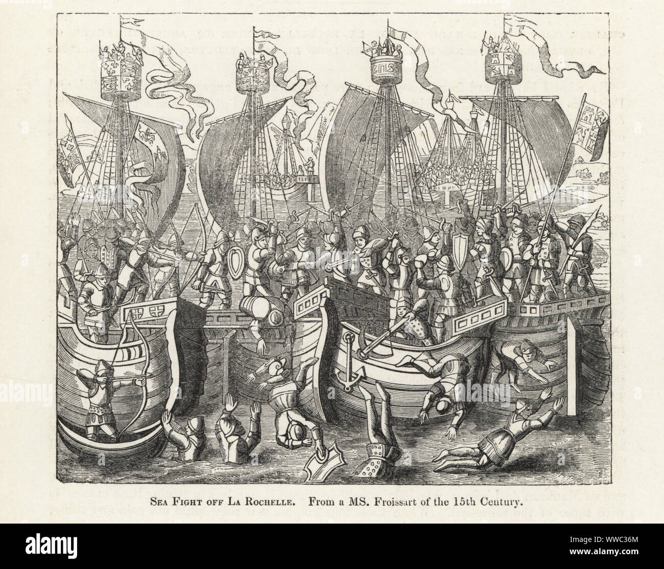 Seeschlacht von La Rochelle, 1372, zwischen einem Kastilischen Flotte von 1305-1306 Boccanegra und eine englische Konvoi von John Hastings, Earl of Pembroke geboten. Seeschlacht aus La Rochelle in den 100 Jahren Krieg. Holzschnitt nach einem beleuchteten Manuskript von Sir John's Froissart Chroniken von England, Frankreich, Spanien und den angrenzenden Ländern, von der zweiten Hälfte der Regierungszeit von Edward II. an der Krönung von Heinrich IV., George Routledge, London, 1868. Stockfoto