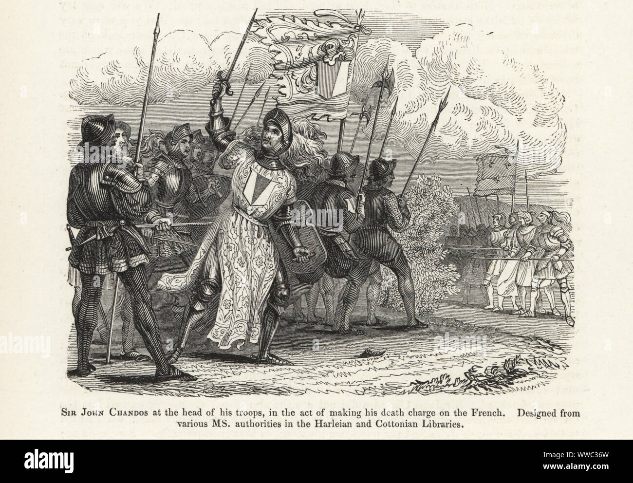 Sir John Chandos, der seinen Tod kostenlos gegen die Franzosen an der Brücke von Lussac, während der 100 Jahre Krieg, 1369. Holzschnitt nach einem beleuchteten Manuskript von Sir John's Froissart Chroniken von England, Frankreich, Spanien und den angrenzenden Ländern, von der zweiten Hälfte der Regierungszeit von Edward II. an der Krönung von Heinrich IV., George Routledge, London, 1868. Stockfoto