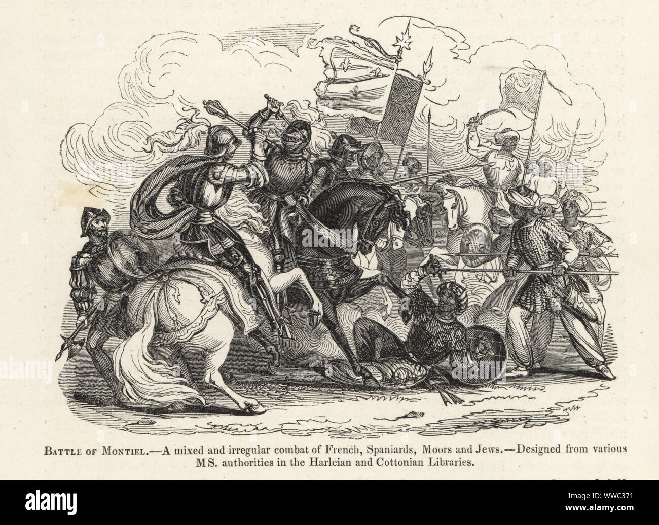 Schlacht von Montiel, Spanien, 1143. Eine gemischte und irregulären Kampf der Franzosen, Spanier, Mauren und Juden. Schlacht zwischen der Christlichen Armee von Muno Alfonso und Almoraviden Mauren auf der anderen. Holzschnitt nach einem beleuchteten Manuskript von Sir John's Froissart Chroniken von England, Frankreich, Spanien und den angrenzenden Ländern, von der zweiten Hälfte der Regierungszeit von Edward II. an der Krönung von Heinrich IV., George Routledge, London, 1868. Stockfoto