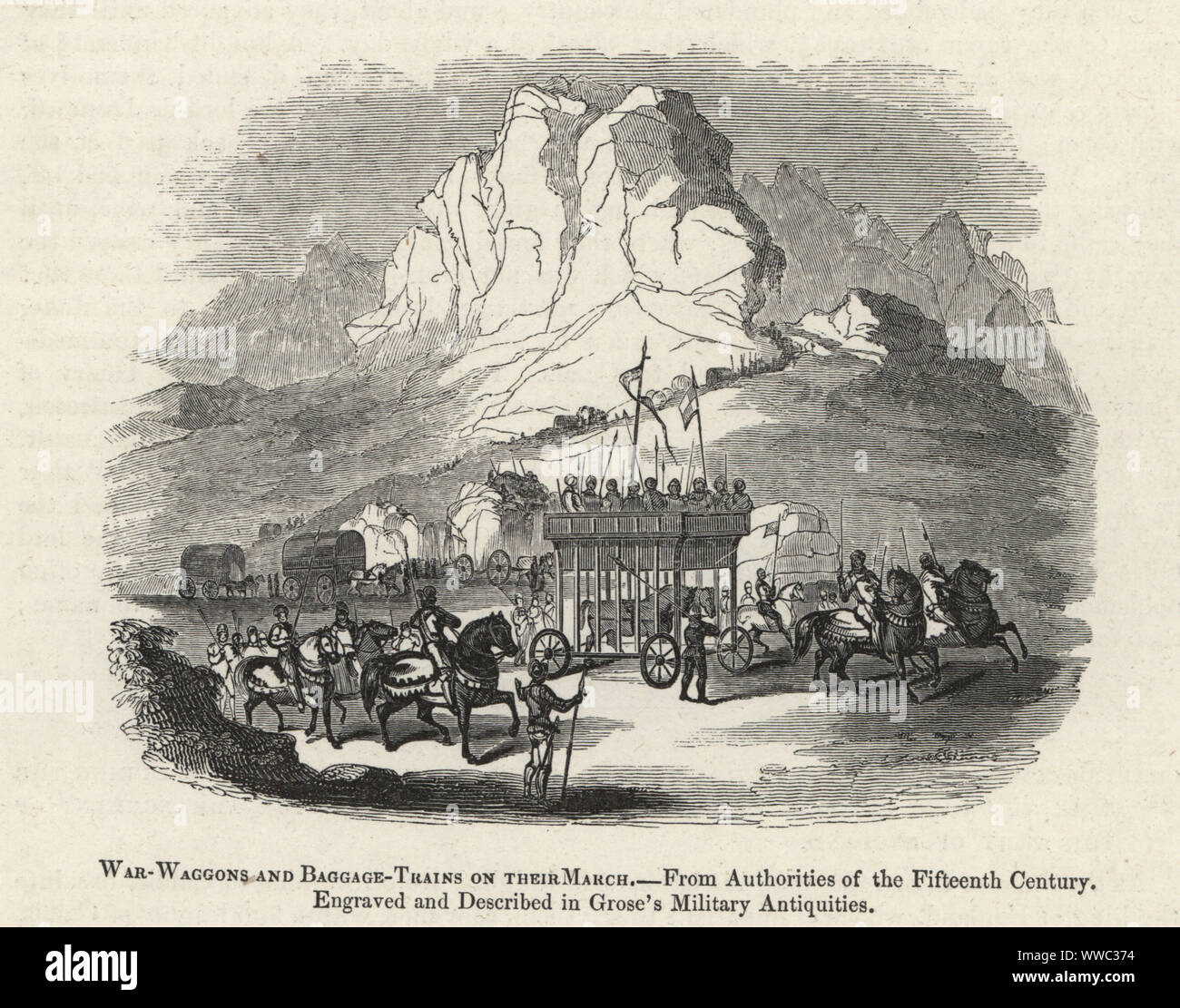 Mittelalterlichen Krieg wagen und Gepäck Züge auf ihrem Marsch auf einen Berg. Aus dem 15. Jahrhundert. Holzschnitt nach einem beleuchteten Manuskript von Sir John's Froissart Chroniken von England, Frankreich, Spanien und den angrenzenden Ländern, von der zweiten Hälfte der Regierungszeit von Edward II. an der Krönung von Heinrich IV., George Routledge, London, 1868. Stockfoto
