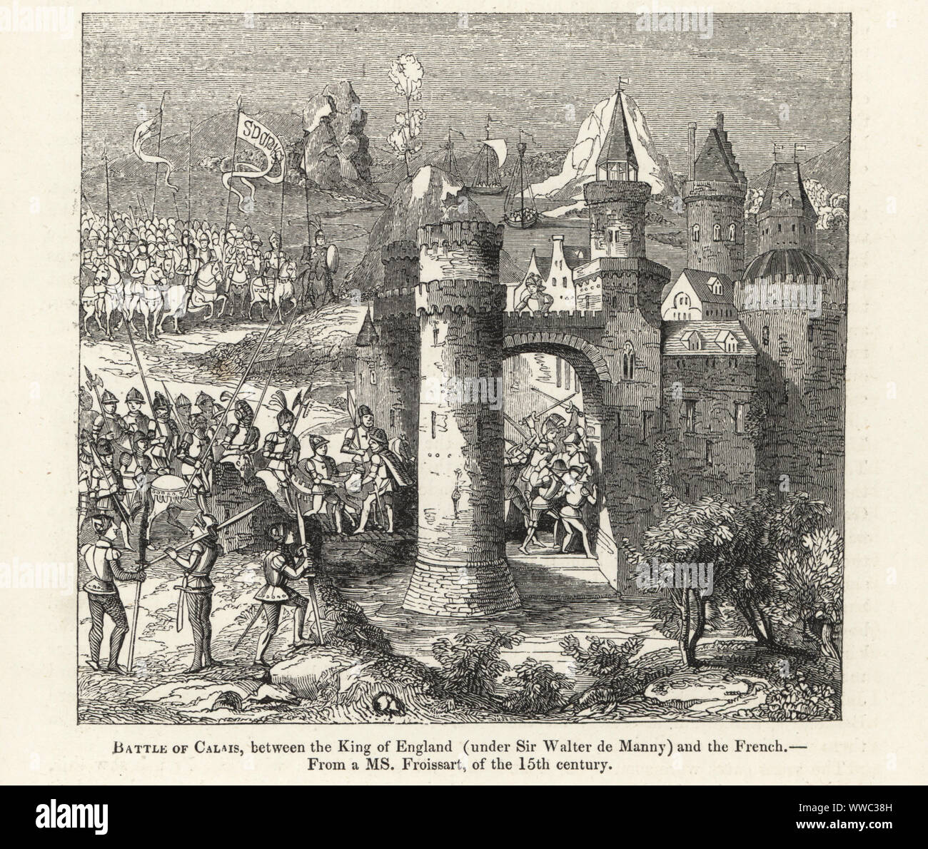 Die französische Armee unter Geoffrey de Charny ist auf die Zugbrücke der Gate-Turm in der Schlacht von Calais, 1349. Schlacht von Calais, zwischen dem König von England (unter Sir Walter de Manny) und die Franzosen. Holzschnitt nach einem beleuchteten Manuskript von Sir John's Froissart Chroniken von England, Frankreich, Spanien und den angrenzenden Ländern, von der zweiten Hälfte der Regierungszeit von Edward II. an der Krönung von Heinrich IV., George Routledge, London, 1868. Stockfoto