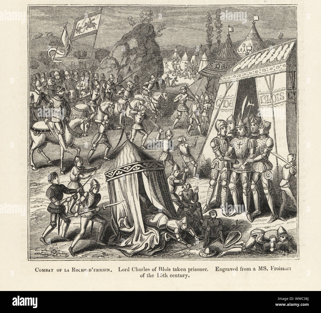 Charles de Blois, Herzog von Bretagne, wird in der Schlacht von La Roche-Derrien, 1347 gefangen. Bekämpfung von La Roche-d'Errien, wo Herr Karl von Blois gefangen genommen wurde. Holzschnitt nach einem beleuchteten Manuskript von Sir John's Froissart Chroniken von England, Frankreich, Spanien und den angrenzenden Ländern, von der zweiten Hälfte der Regierungszeit von Edward II. an der Krönung von Heinrich IV., George Routledge, London, 1868. Stockfoto