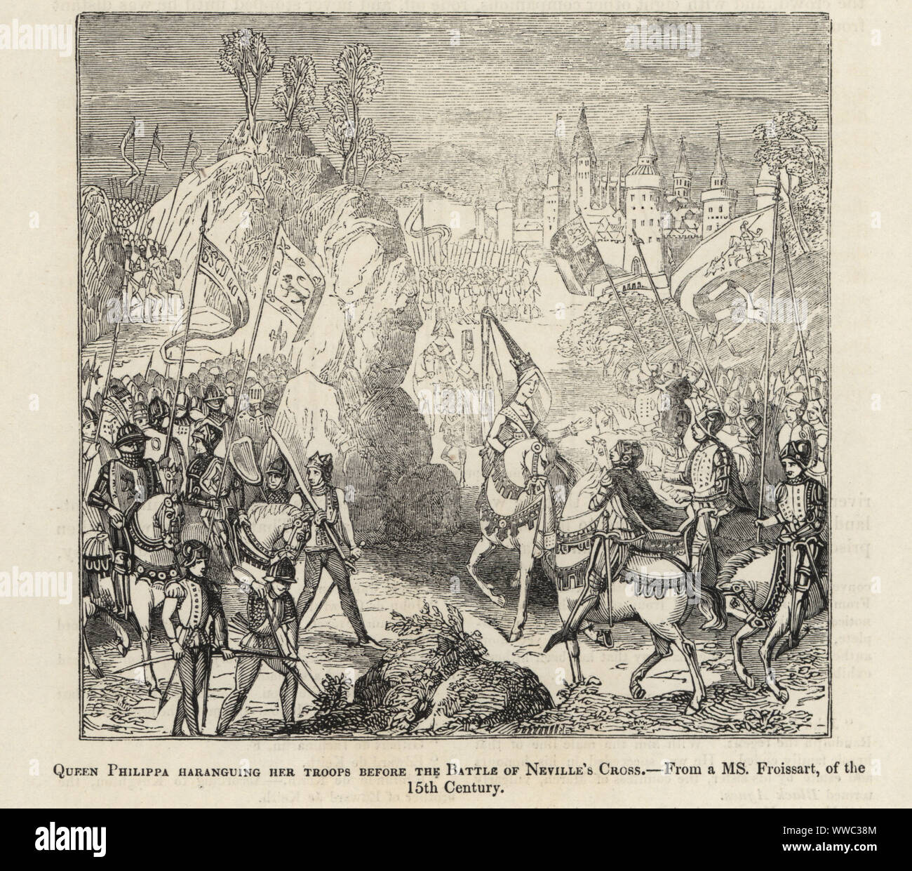 Königin Philippa von Hennegau, Königin von England, sammeln ihre Armee gegen die Schotten in der Schlacht von Neville's Cross, 1346. Königin Philippa Strafpredigt haltene ihre Truppen vor der Schlacht von Neville's Cross. Holzschnitt nach einem beleuchteten Manuskript von Sir John's Froissart Chroniken von England, Frankreich, Spanien und den angrenzenden Ländern, von der zweiten Hälfte der Regierungszeit von Edward II. an der Krönung von Heinrich IV., George Routledge, London, 1868. Stockfoto