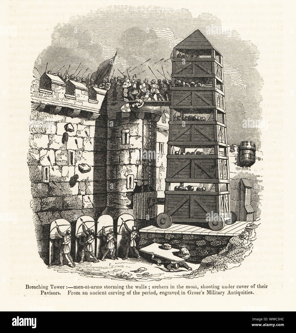 Verstoß gegen Turm: Men at arms stürmt die Wände von einer erhöhten Plattform, Rammbock an der Basis, Bogenschützen in den Burggraben, Schießen unter dem Deckmantel ihrer pavisors. Holzschnitt nach einem 15. Jahrhundert Schnitzen von Sir John's Froissart Chroniken von England, Frankreich, Spanien und den angrenzenden Ländern, von der zweiten Hälfte der Regierungszeit von Edward II. an der Krönung von Heinrich IV., George Routledge, London, 1868. Stockfoto