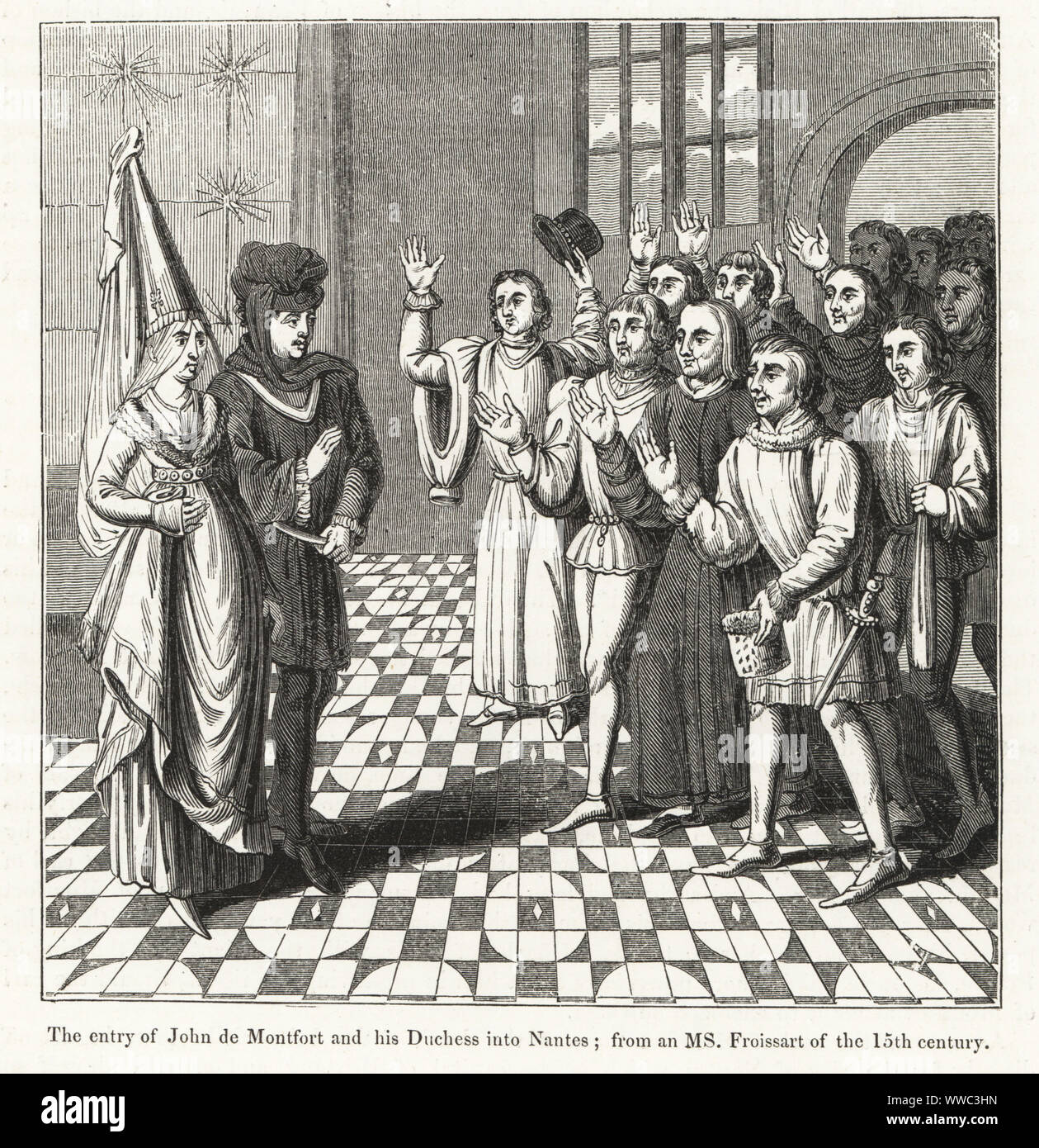 Der Eintrag von Johannes von Montfort und seine Herzogin, Joanna von Flandern, in Nantes, 1341. Holzschnitt nach einem beleuchteten Manuskript von Sir John's Froissart Chroniken von England, Frankreich, Spanien und den angrenzenden Ländern, von der zweiten Hälfte der Regierungszeit von Edward II. an der Krönung von Heinrich IV., George Routledge, London, 1868. Stockfoto