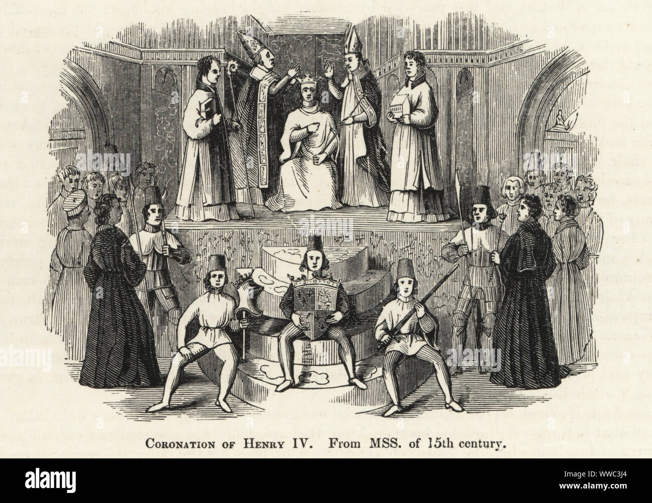 Die Krönung von König Henry IV (1367 - 1413) von England, 1399. Der König ist, die von den Bischöfen in der Westminster Abbey gekrönt, während Seiten sein Wappen, Helm und Schwert halten. Holzschnitt nach einem beleuchteten Manuskript von Sir John's Froissart Chroniken von England, Frankreich, Spanien und den angrenzenden Ländern, von der zweiten Hälfte der Regierungszeit von Edward II. an der Krönung von Heinrich IV., George Routledge, London, 1868. Stockfoto
