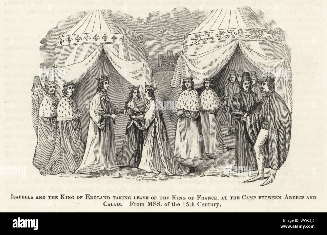 Isabella von Valois, die Tochter von König Karl VI. von Frankreich, in der Ehe König Richard II. von England in einem Zelt zwischen Ardres und Calais, 1396. Die 7-jährige Prinzessin ist umarmt von der 29-jährige König vor der Höflinge in Hermelin und Zelte mit Fleur-de-lys und Löwen. Holzschnitt nach einem beleuchteten Manuskript von Sir John's Froissart Chroniken von England, Frankreich, Spanien und den angrenzenden Ländern, von der zweiten Hälfte der Regierungszeit von Edward II. an der Krönung von Heinrich IV., George Routledge, London, 1868. Stockfoto