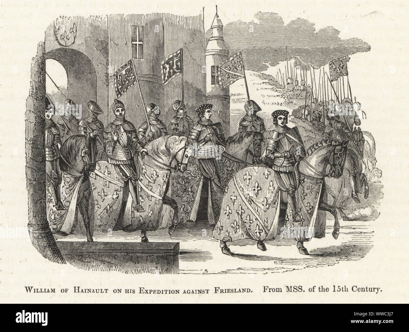 Wilhelm II., Graf von Hennegau, Graf von Ostrevant, (Wilhelm IV. von Holland), auf seiner erfolglosen Expedition gegen Friesland, 1345. Er reitet ein Pferd mit Wappen von Rittern caparison mit Standards begleitet. Holzschnitt nach einem beleuchteten Manuskript von Sir John's Froissart Chroniken von England, Frankreich, Spanien und den angrenzenden Ländern, von der zweiten Hälfte der Regierungszeit von Edward II. an der Krönung von Heinrich IV., George Routledge, London, 1868. Stockfoto