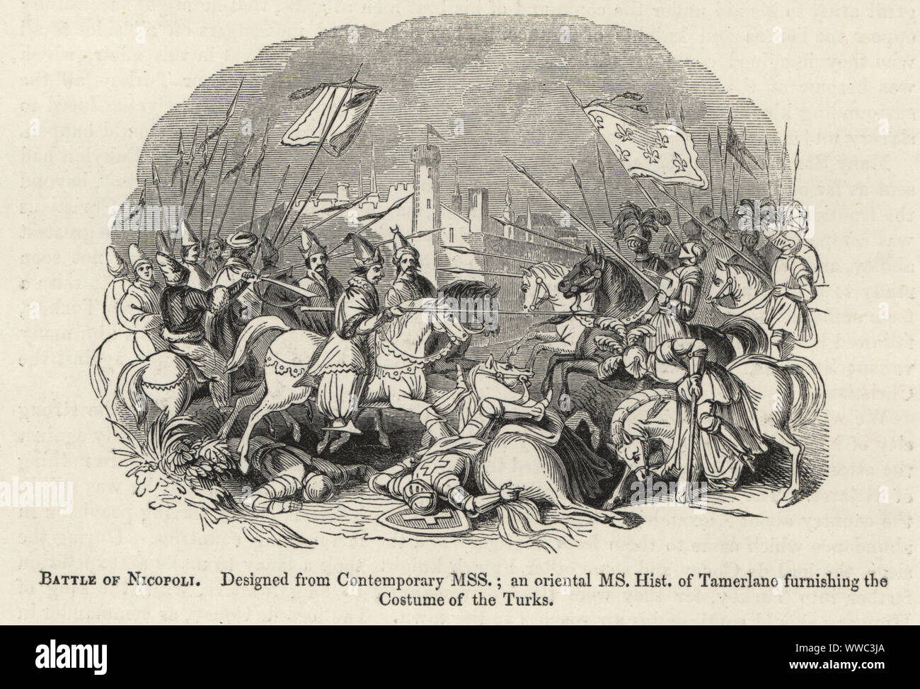 Die Schlacht von Nikopolis, 1396. Die Armee der Christlichen Kreuzritter Ritter in Rüstung ist von der Muslimischen osmanischen Truppen verlegt. Kostüme der Türken aus einer orientalischen Handschrift Geschichte der Tamerlane genommen. Holzschnitt nach einem beleuchteten Manuskript von Sir John's Froissart Chroniken von England, Frankreich, Spanien und den angrenzenden Ländern, von der zweiten Hälfte der Regierungszeit von Edward II. an der Krönung von Heinrich IV., George Routledge, London, 1868. Stockfoto