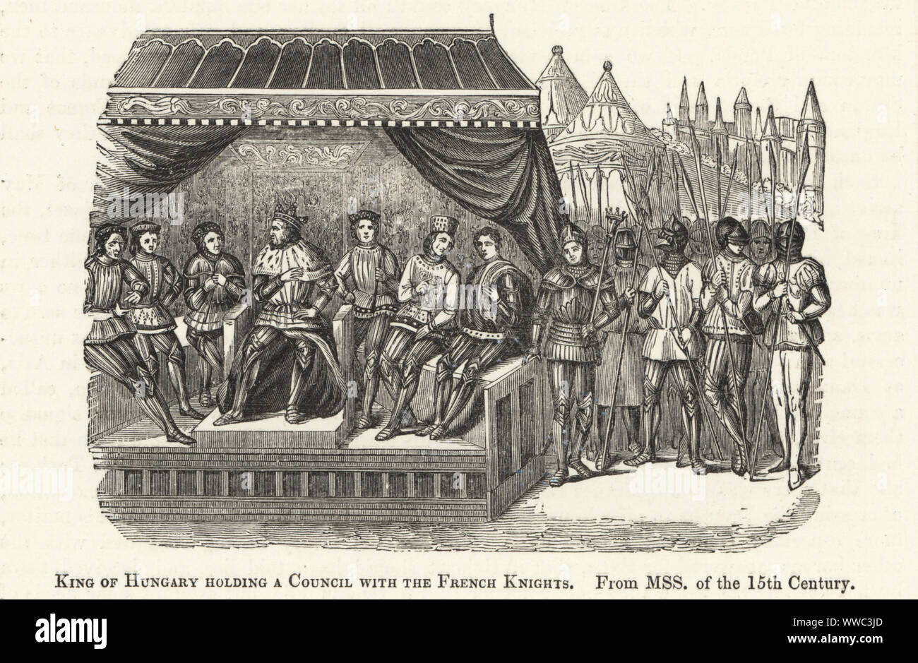 König Sigismund von Ungarn im Rat mit seinen eigenen Lords und Französischen Fürsten vor der Überquerung der Donau Türkei, 1396 zu erobern. König von Ungarn Holding einen Rat mit der französischen Ritter. Holzschnitt nach einem beleuchteten Manuskript von Sir John's Froissart Chroniken von England, Frankreich, Spanien und den angrenzenden Ländern, von der zweiten Hälfte der Regierungszeit von Edward II. an der Krönung von Heinrich IV., George Routledge, London, 1868. Stockfoto