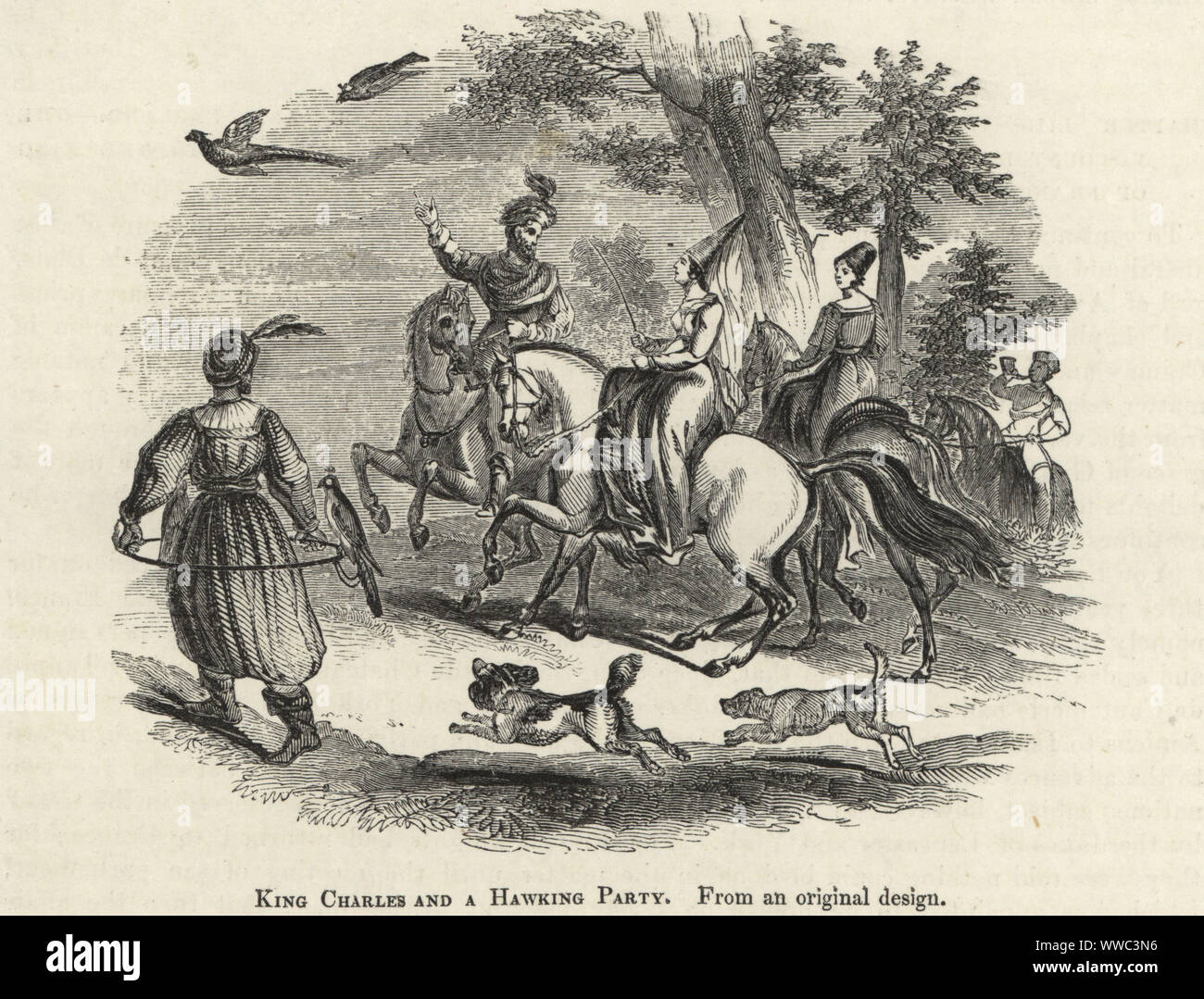 König Karl VI. von Frankreich, dem Geliebten oder der Mad, genießen eine Hawking Party mit Entourage, der König Jagd nach einem Anfall von Wahnsinn in 1392. Holzschnitt nach einem beleuchteten Manuskript von Sir John's Froissart Chroniken von England, Frankreich, Spanien und den angrenzenden Ländern, von der zweiten Hälfte der Regierungszeit von Edward II. an der Krönung von Heinrich IV., George Routledge, London, 1868. Stockfoto