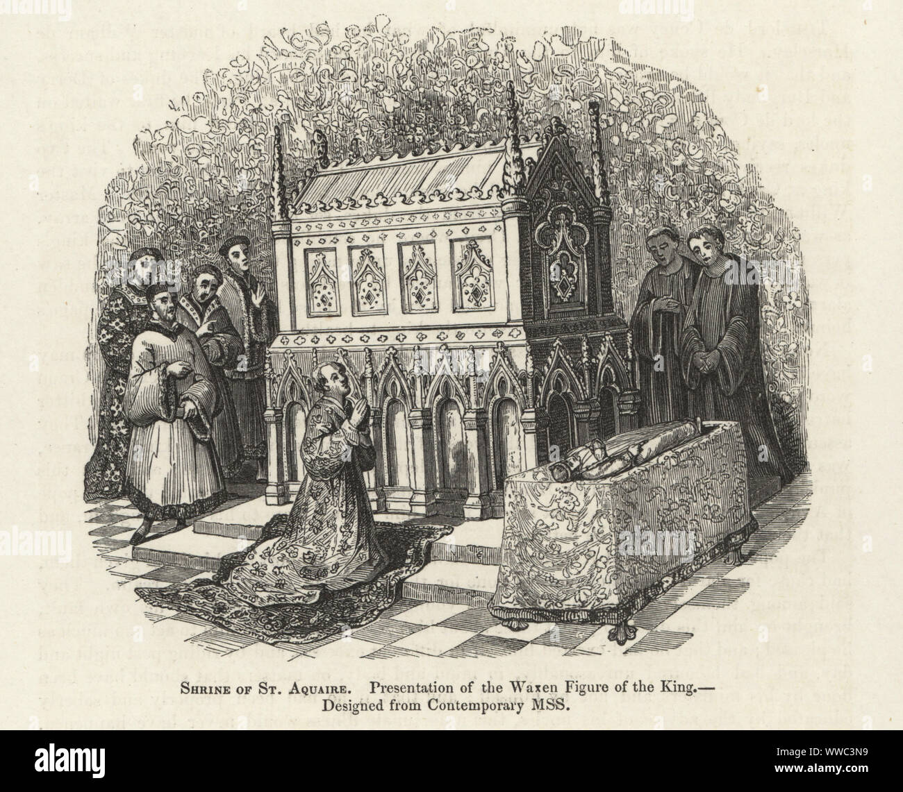 Eine Wachsfigur von König Karl VI. von Frankreich ist am Schrein des Heiligen Aquaire angeboten, für die Heilung von Wahnsinn bekannt, 1390 s. Schrein des Hl. Aquaire. Präsentation der fahren lassen Figur des Königs. Holzschnitt nach einem beleuchteten Manuskript von Sir John's Froissart Chroniken von England, Frankreich, Spanien und den angrenzenden Ländern, von der zweiten Hälfte der Regierungszeit von Edward II. an der Krönung von Heinrich IV., George Routledge, London, 1868. Stockfoto