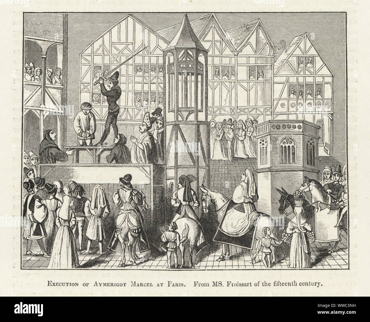 Die routier oder Söldner Amerigot Marcel ist in Paris, 1390 enthauptet. Sein Körper wurde geköpft und auf die Bestellungen von Johann von Berry, die herrlichen einquartiert. Ausführung von Aymerigot Marcel in Paris. Holzschnitt nach einem beleuchteten Manuskript von Sir John's Froissart Chroniken von England, Frankreich, Spanien und den angrenzenden Ländern, von der zweiten Hälfte der Regierungszeit von Edward II. an der Krönung von Heinrich IV., George Routledge, London, 1868. Stockfoto