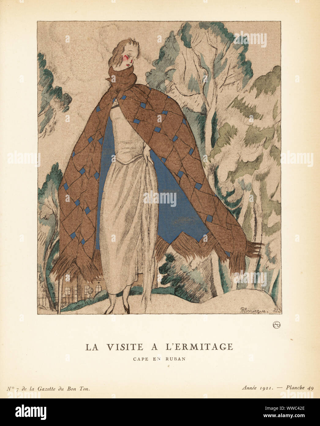 Frau in Cape gewebte Bänder auf der Basis von Touareg Crepe. La visite a l'Ermitage. Kap de Ruban. Cette Kap est Faite tout entiere de larges Faserbänder stellt et entrelaces sur un Fond de Krepp Touareg. Papierkörbe pochoir Lithographie von Pierre Mourgue von Lucien Vogel Le Bon Genre: 100 Platten von der Zeitung Le Bon Ton, Brentanos, Paris, 1922. Stockfoto